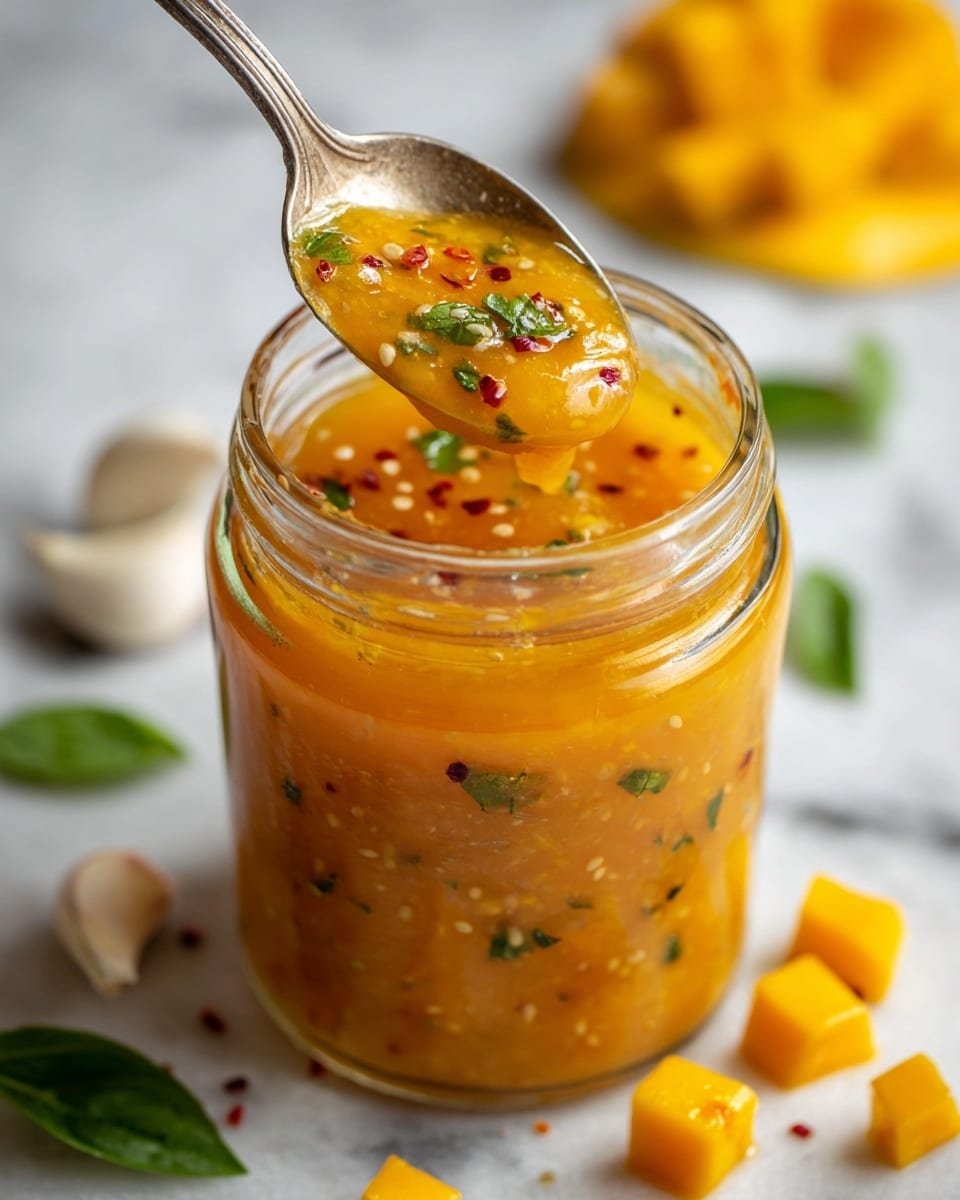 Mango Habanero Honey Garlic Sauce Recipe - Recipe Image — Mango Habanero Honey Garlic Sauce, spicy mango glaze, honey garlic sauce, tropical hot sauce, grilled chicken sauce