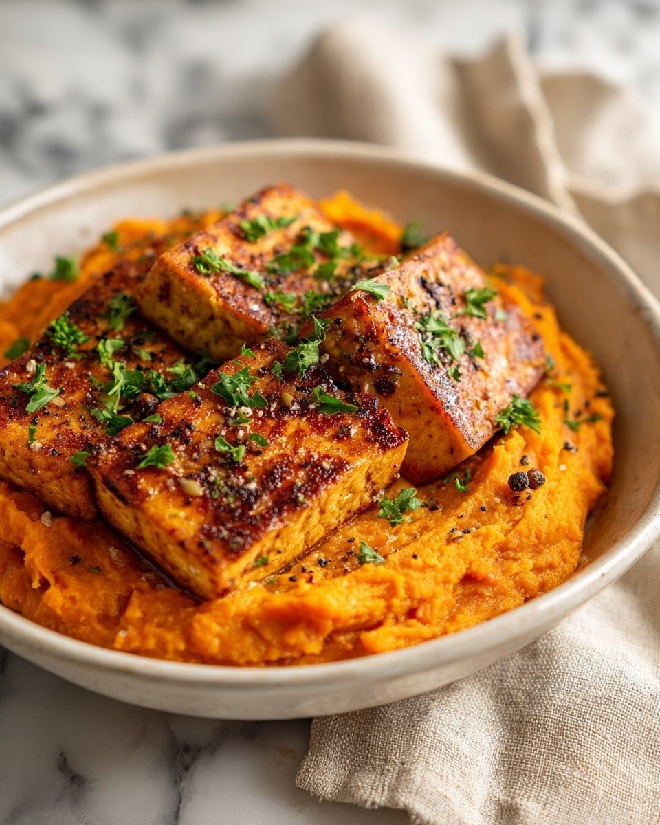 Tofu Steak with Mashed Sweet Potato Recipe - Recipe Image — Tofu Steak with Mashed Sweet Potato, plant-based tofu steak recipe, vegan sweet potato dishes, healthy tofu and sweet potato meal, comforting vegetarian dinner