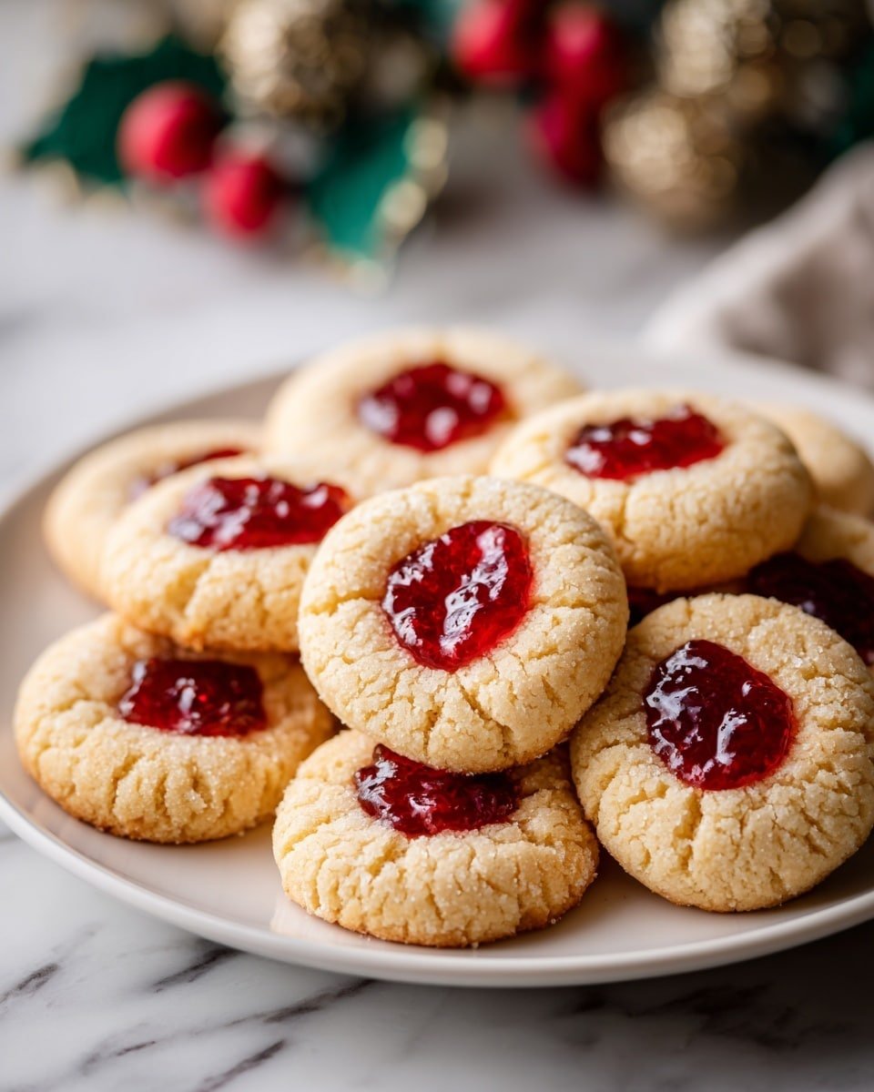 Raspberry Thumbprint Cookies Recipe - Recipe Image — Raspberry Thumbprint Cookies, raspberry jam cookies, buttery thumbprint cookies, easy raspberry cookies, homemade raspberry cookies