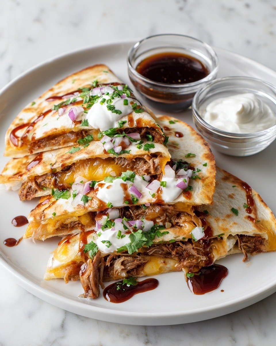 A white plate on a white marbled surface holds a stack of quesadilla triangles, each with a toasted light brown tortilla outer layer wrapping shredded light brown meat and melted yellow cheese inside. The quesadillas are topped with dollops of white sour cream, small purple onion pieces, chopped green cilantro, and drizzled with dark brown sauce. Two small clear glass bowls on the plate hold dark brown sauce and white sour cream. The photo taken with an iphone --ar 4:5 --v 7 — Hot Honey BBQ Chicken Quesadillas, BBQ chicken quesadillas, spicy honey chicken quesadillas, cheesy BBQ chicken wraps, easy chicken quesadillas