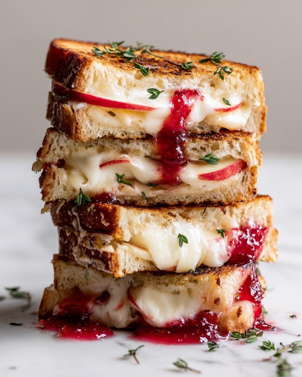 A tall stack of three grilled cheese sandwich slices is shown, each slice layered with melted white cheese, thin red apple slices, and bright red jelly that oozes out slightly. The sandwich bread is golden brown and toasted with a crunchy texture, while small green herb sprigs are scattered on top and between layers. The stack is placed on a white marbled surface, and some jelly drips onto it at the bottom. Photo taken with an iphone --ar 4:5 --v 7 — Sweet and Savory Brie, Apple & Cranberry Grilled Cheese, Brie and Cranberry Sandwich, Fall Cheese Sandwich, Gourmet Grilled Cheese