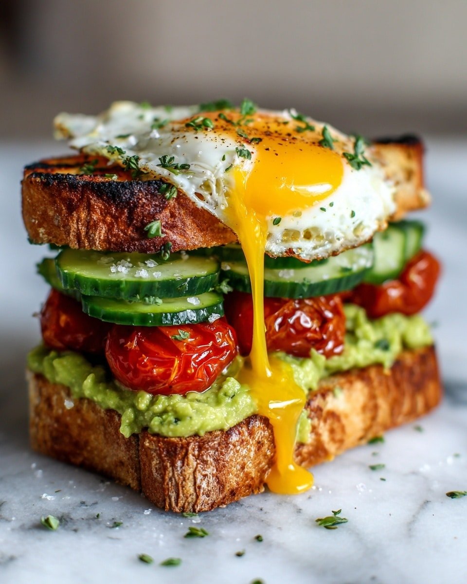 A close-up of a sandwich with four clear layers on a white marbled surface. The bottom layer is thick toasted bread with a golden crust and soft inside, covered with a bright green, chunky spread of mashed avocado. Above the avocado are several fresh cucumber slices, light green with dark green skins, layered neatly. On top of the cucumbers are roasted cherry tomatoes, deep red and slightly wrinkled. The fourth layer is a fried egg with a white rim and a bright yellow yolk slowly dripping down the side. The sandwich is topped with another piece of thick toasted bread, golden brown with dark grill marks and sprinkled with small bits of green herbs and coarse salt. photo taken with an iphone --ar 4:5 --v 7 — Mediterranean Breakfast Sandwich, Mediterranean breakfast ideas, healthy breakfast sandwich, brunch recipes, breakfast sandwich with feta and avocado