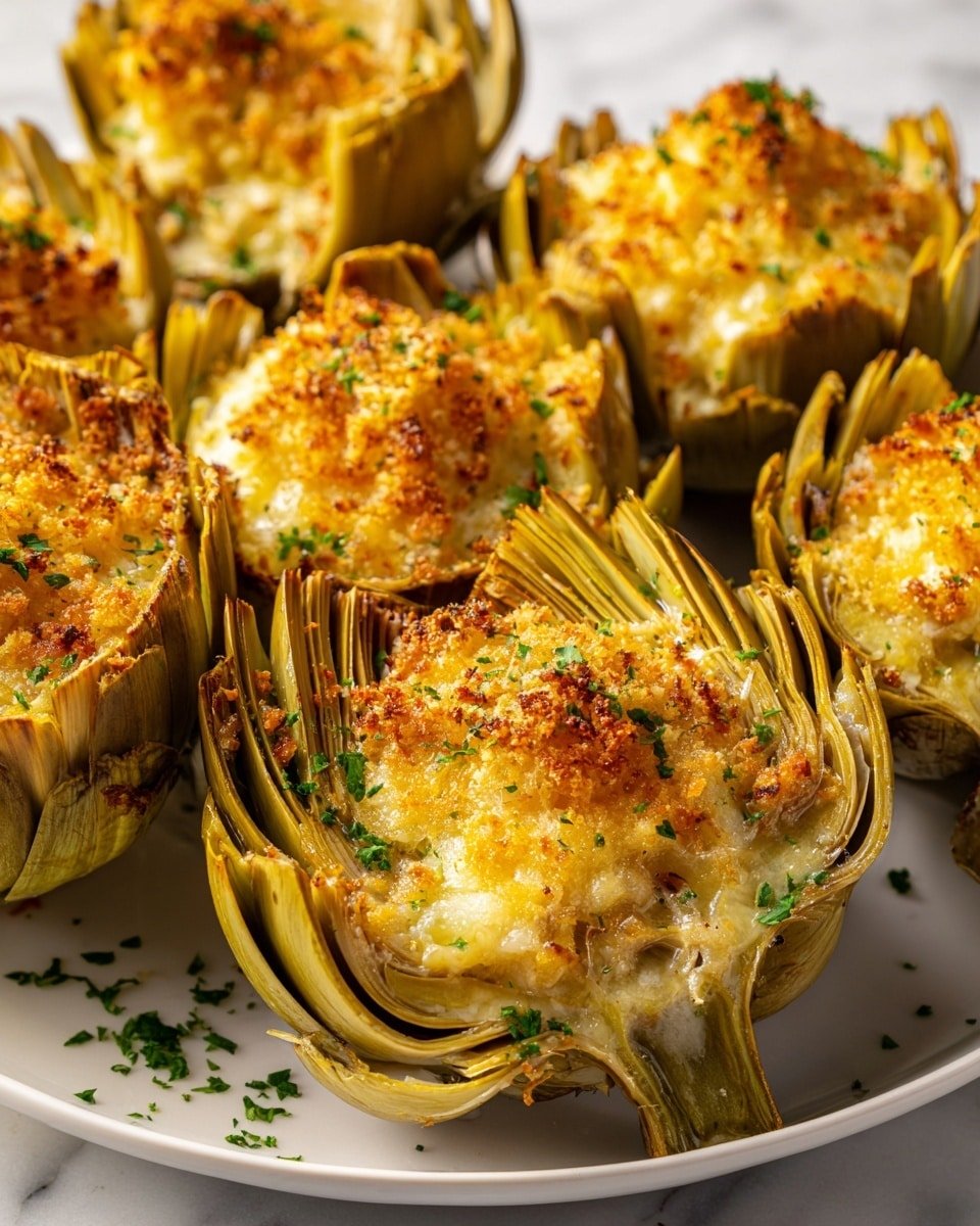 This image shows several cooked artichoke halves placed closely on a white plate over a white marbled surface. Each artichoke half has multiple layers: the outer leaves are a pale green color, while the inner layers become lighter, almost creamy yellow. The top of each half is covered with a golden brown, crispy texture made from toasted crumbs and melted cheese. Small green parsley flakes are scattered on top and between the artichoke halves, adding a touch of fresh green contrast. The image is bright and close up, showing the detailed textures of the crispy topping and tender artichoke layers. photo taken with an iphone --ar 4:5 --v 7 — Crispy Parmesan Artichoke Hearts, crispy artichoke appetizer, cheesy artichoke bites, easy artichoke snack, baked artichoke hearts