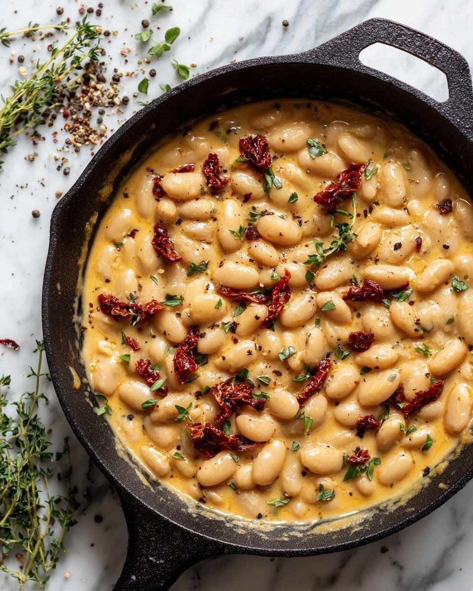 A cast iron pan filled with thick, creamy white beans cooked in a rich, golden sauce. The beans are soft and coated well in the sauce, with small pieces of sun-dried tomatoes scattered on top adding dark red accents. Fresh green herbs are sprinkled evenly over the beans, giving a fresh touch. Black pepper is lightly dusted across the dish, adding specks of black. The pan sits on a white marbled surface with some scattered herbs and seasonings nearby, creating a natural and rustic feel photo taken with an iphone --ar 4:5 --v 7 — Creamy Tuscan Butter Beans with Sun-Dried Tomatoes and Basil, Tuscan Butter Beans, Sun-Dried Tomato Bean Dish, Vegetarian Italian Beans, Easy Creamy Bean Recipes