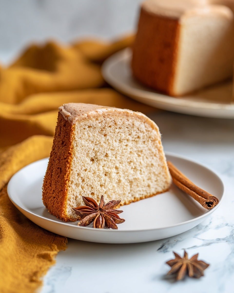 A single slice of light brown cake with a smooth, slightly shiny top layer and a soft, porous texture inside is placed on a white plate. The slice has a thin, darker crust at the base. Next to the slice, on the plate's edge, there is a star anise and a cinnamon stick. In the background, part of the whole cake can be seen, slightly out of focus, along with a mustard yellow cloth on a white marbled surface. Photo taken with an iphone --ar 4:5 --v 7 — Irresistibly Cozy Flourless Chai Spice Cake, gluten-free chai spice cake, warm spice cake recipe, healthy dessert with chai spices, easy gluten-free cake