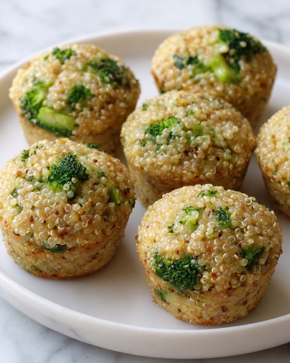 This image shows six round quinoa muffins placed on a white plate with a smooth edge. Each muffin has a textured surface with small quinoa grains visible, mixed with tiny pieces of green broccoli scattered throughout. The muffins have a golden beige color with green spots from the broccoli, and they look moist but firm. The background is a white marbled texture. photo taken with an iphone --ar 4:5 --v 7 — Broccoli Cheddar Quinoa Bites, healthy quinoa snacks, cheesy broccoli bites, vegan gluten-free appetizer, easy bite-sized party snacks