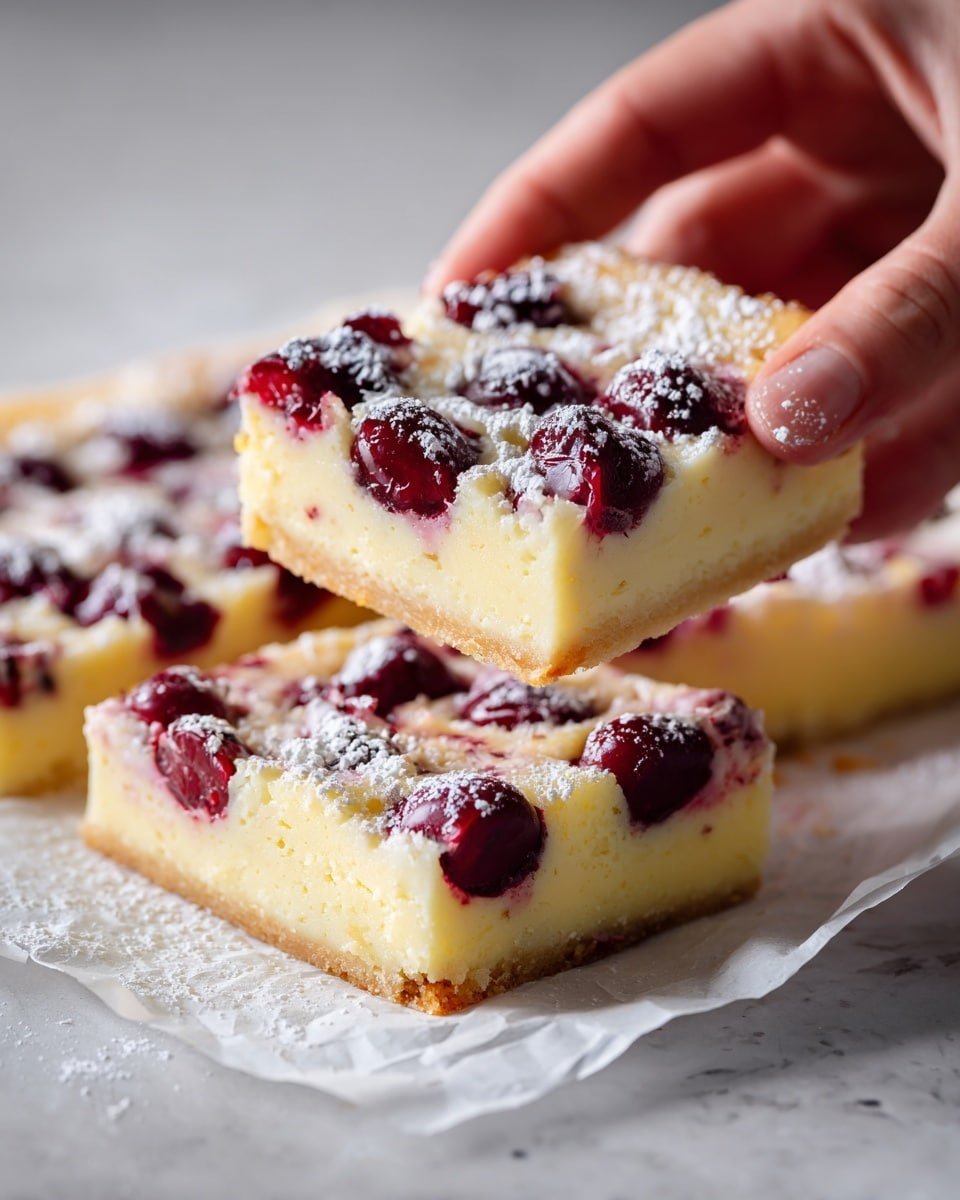 A square dessert with two main layers sits on white baking paper over a white marbled surface. The bottom layer is thick, creamy yellow with a smooth texture, while the top layer is thinner and light pinkish with whole dark red cherries embedded evenly. The cherries have a shiny, juicy look, some slightly sinking into the cake. The top is sprinkled with a white dusting of powdered sugar that lightly covers the cherries and surface, giving a soft, fresh look. A woman's hand is lifting one piece from the corner, showing the cake's soft but firm inside. Photo taken with an iphone --ar 4:5 --v 7 — Healthy Berry Cottage Cheese Clafoutis, healthy berry clafoutis recipe, cottage cheese breakfast dessert, light berry dessert, protein-packed berry clafoutis