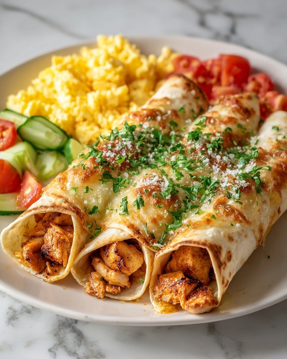 The image shows three rolled tortillas filled with cooked, seasoned chicken pieces, each topped with a layer of melted, golden-brown cheese sprinkled with chopped green herbs. The tortillas appear soft and slightly crispy on top from being baked. Behind the tortillas, there is a serving of bright yellow scrambled eggs and a small portion of salad made of green cucumber slices and red tomato chunks. All the food is presented on a white plate placed on a white marbled surface. photo taken with an iphone --ar 4:5 --v 7 — Protein Cottage Cheese Chicken Enchiladas, healthy enchiladas with cottage cheese, easy chicken enchiladas, high-protein enchiladas recipe, flavorful baked chicken enchiladas
