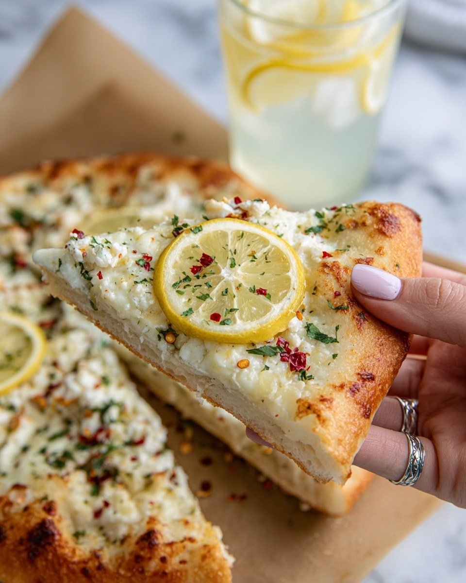 A slice of pizza is held by a woman's hand with visible fingers and a silver ring. The pizza has a thick, golden brown crust with a soft texture. The main layer is white melted cheese mixed with small green herbs spread evenly. On top of the cheese, there is a thin round slice of lemon placed near the center of the pizza slice. Tiny bits of red chili flakes and more scattered herbs add color on the surface. The background shows the rest of the pizza on a brown parchment paper with a white marbled surface beneath. A glass of light yellow drink with ice cubes and lemon wedges are slightly out of focus behind the pizza. photo taken with an iphone --ar 4:5 --v 7 — Lemon Pizza with Fresh Mozzarella and Parsley, citrus pizza with mozzarella and parsley, bright lemon pizza recipe, Mediterranean-style lemon pizza, zesty lemon pizza with fresh cheese
