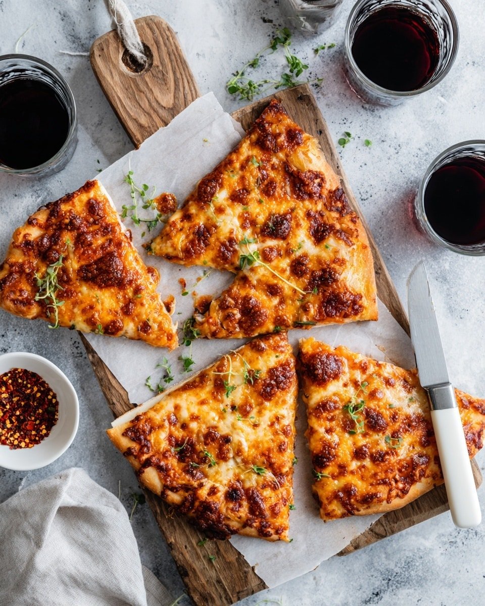 The image shows five slices of pizza on a wooden board placed on a white marbled surface. Each pizza slice has a golden brown crust with melted cheese that is slightly browned and bubbly on top. There are some small green herb leaves scattered over the pizza, adding a fresh touch. To the side of the board, there is a small white bowl with red chili flakes inside. A knife with a white handle rests on the board near the pizza slices. Surrounding the board are three glasses filled with a dark drink. The photo has a cozy, rustic feel with dark and light contrast. photo taken with an iphone --ar 4:5 --v 7 — Apple Cheddar Rosemary Bacon Pizza, apple pizza with cheddar and bacon, rosemary apple pizza recipe, savory apple bacon pizza, easy fall pizza recipe