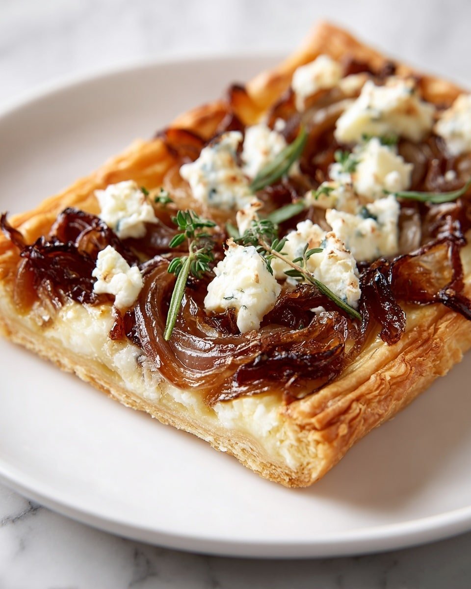 The image shows a slice of puff pastry tart on a white plate, set on a white marbled surface. The tart has three visible layers: the bottom layer is golden, flaky puff pastry with light brown edges; the middle layer consists of caramelized onions in dark golden brown shades, spread evenly but with some texture and darker spots; the top layer has scattered white, crumbly cheese pieces and green sprigs of fresh thyme placed unevenly. The tart looks warm with a slight shine on the onions and a soft, airy pastry base. photo taken with an iphone --ar 4:5 --v 7 — Caramelized Onion and Goat Cheese Tarts, caramelized onion tart, goat cheese tart, easy tart recipes, savory onion tart