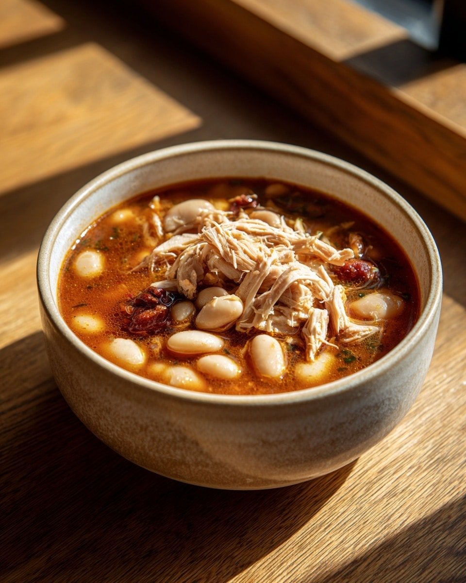 A deep bowl filled with a thick soup showing three main layers: a reddish-brown broth base, a middle layer with large creamy white beans scattered evenly, and a top layer of shredded light brown chicken mixed with chunks of darker reddish pieces, all blending softly together. The bowl is off-white with a textured rim, sitting on a wooden table with sunlight casting shadows. The soup looks warm and hearty with a slightly oily shine on the surface. Photo taken with an iphone --ar 4:5 --v 7 — White Cheddar Apple Chicken Chili, quick chicken chili recipe, cozy fall dinner ideas, easy weeknight chili, apple chicken chili