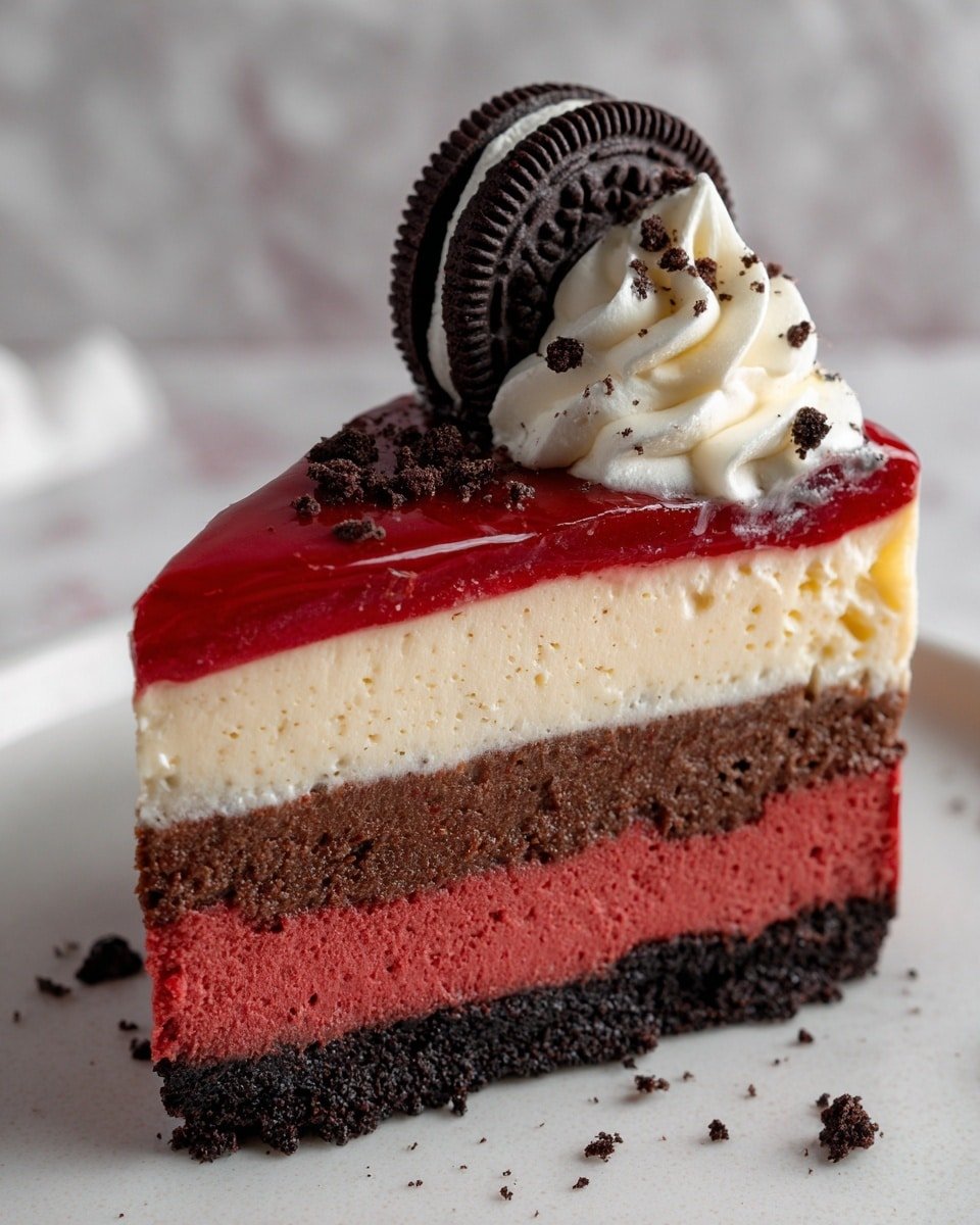 The image shows a slice of layered cake with five visible layers. The bottom layer is a dark, crumbly chocolate crust. Above it is a thick, smooth red layer that looks creamy. On top of this is another darker crumbly chocolate layer. Above that is a thick, light cream-colored layer with a smooth texture. The top is covered with a shiny red glaze. A swirl of white cream with small chocolate crumbs sits on the top right corner of the slice, next to a whole black and white sandwich cookie placed upright. The cake is on a white plate with a white marbled texture background. Photo taken with an iphone --ar 4:5 --v 7 — Red Velvet Oreo Cheesecake, Red Velvet Oreo Dessert, Oreo Cheesecake Ideas, No-Bake Red Velvet Cheesecake, Rich Red Velvet Cheesecake