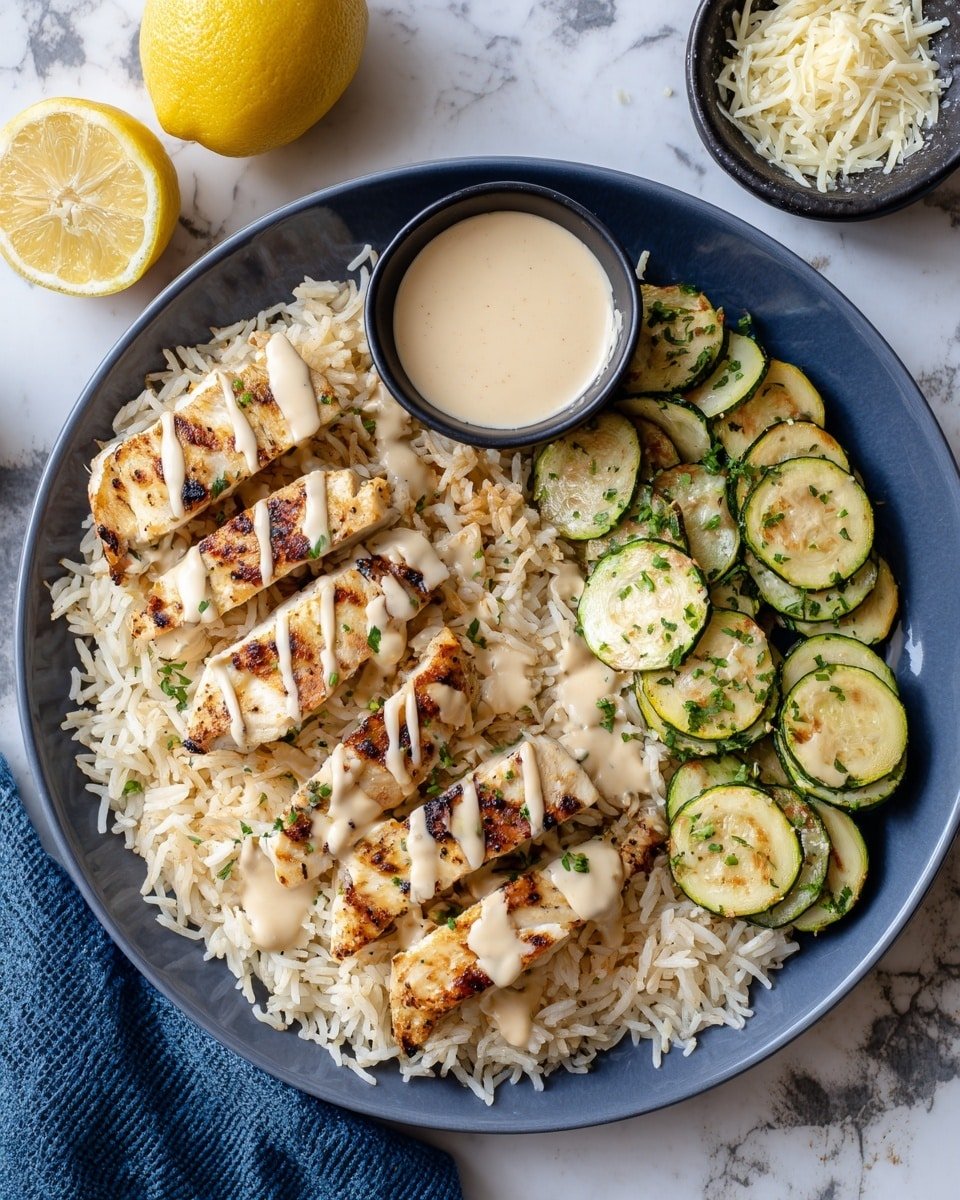 A blue plate filled with a base layer of light beige cooked rice, topped with five pieces of grilled chicken with dark brown grill marks and light brown creamy sauce drizzled over them. On the right side, there is a layer of cooked zucchini slices with light green centers and darker green edges, sprinkled with chopped green herbs. A small black bowl filled with creamy light beige sauce sits on top of the rice towards the upper left of the plate. The scene is set on a white marbled textured surface with half a lemon visible in the top left corner and a small black bowl with grated cheese on a blue cloth in the top right area. Photo taken with an iphone --ar 4:5 --v 7 — Creamy Lemon Butter Chicken with Crispy Zucchini, lemon butter chicken, crispy zucchini recipe, creamy chicken dinner, flavorful zucchini side dish