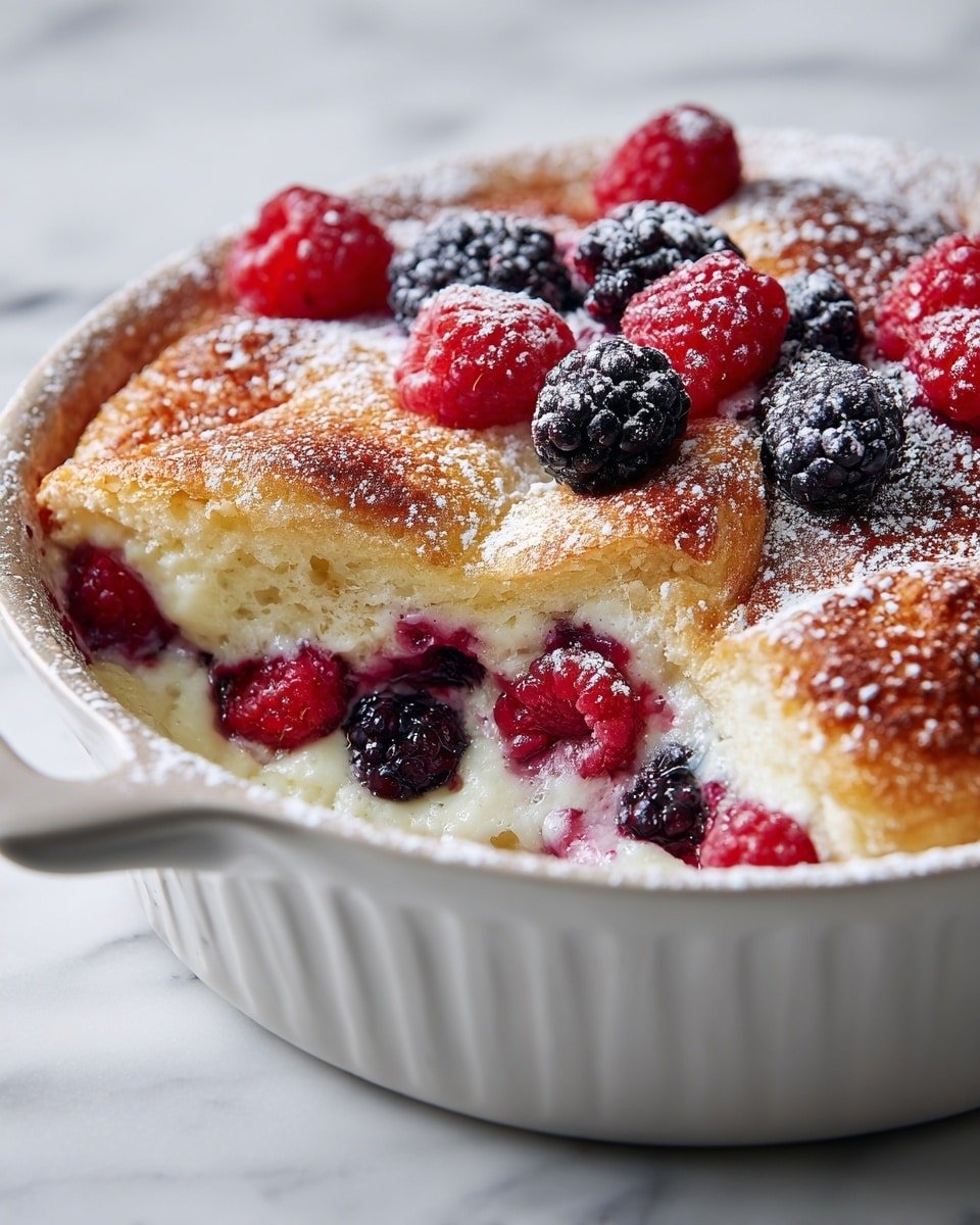 The dish shows a baked layered pastry with golden, flaky, and puffed-up layers arranged in a thick, creamy base. Fresh raspberries and blackberries are nestled between the pastry layers, adding bright red and dark purple spots throughout. The entire top is dusted lightly with fine white powdered sugar, creating a delicate contrast on the warm golden pastry and rich berries. The dish is in a white ceramic baking dish with a visible texture, set on a white marbled surface. photo taken with an iphone --ar 4:5 --v 7 — Lemon Rolls, Lemon Rolls Recipe, Lemon Sweet Breads, Citrus Breakfast Bakes, Lemon Dessert Breads