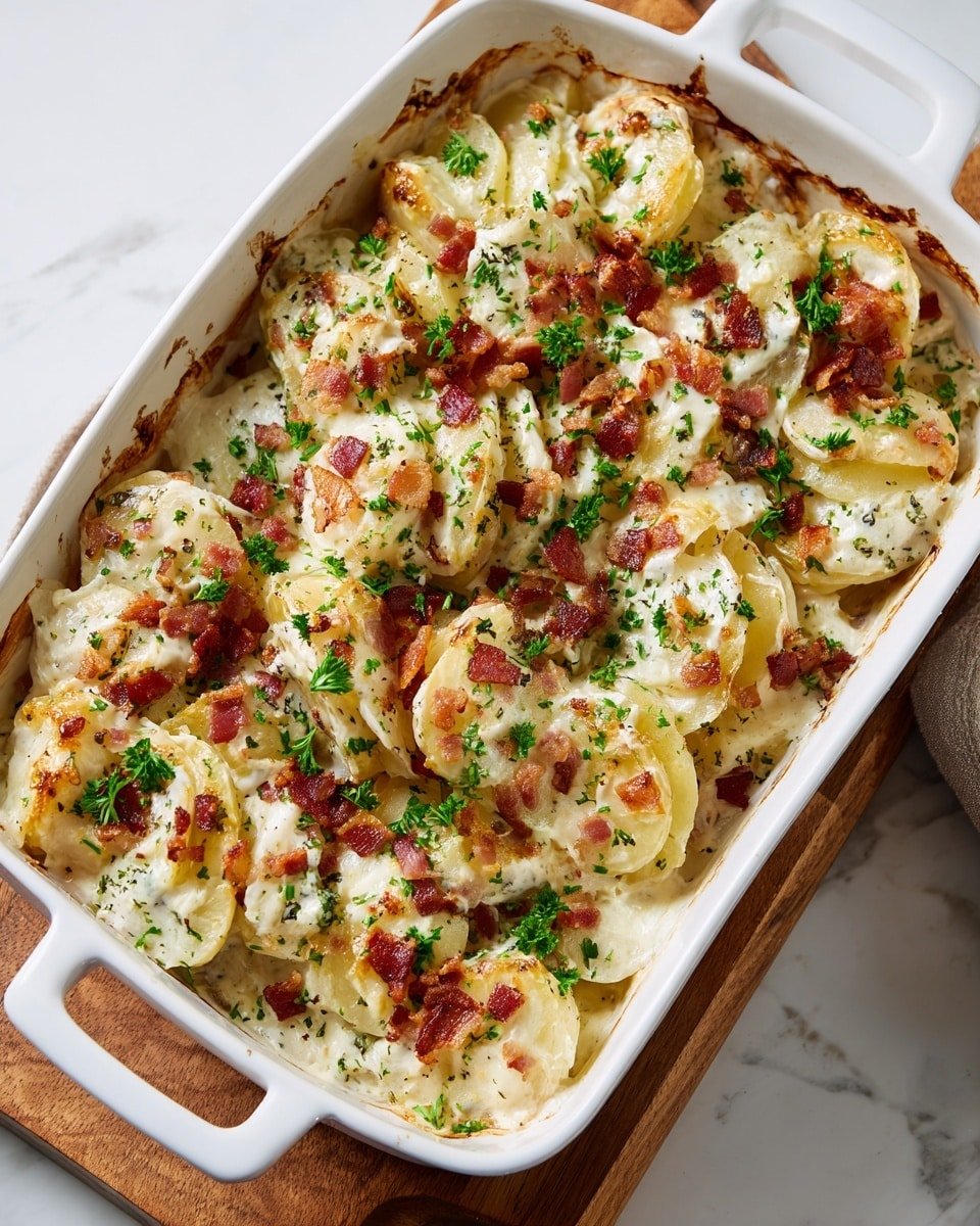 A white baking dish filled with a creamy baked casserole showing roughly eight layered mounds of soft yellow cheese-covered potatoes mixed with chunks of white sauce and small crispy red-brown bacon pieces scattered on top, garnished with fresh green chopped parsley evenly spread, with golden-browned edges indicating a baked texture, resting on a wooden board with a white marbled background photo taken with an iphone --ar 4:5 --v 7 — Berry Croissant Breakfast Bake, easy breakfast bake with berries, weekend brunch recipes, flaky croissant breakfast dish, fruit-filled breakfast casserole