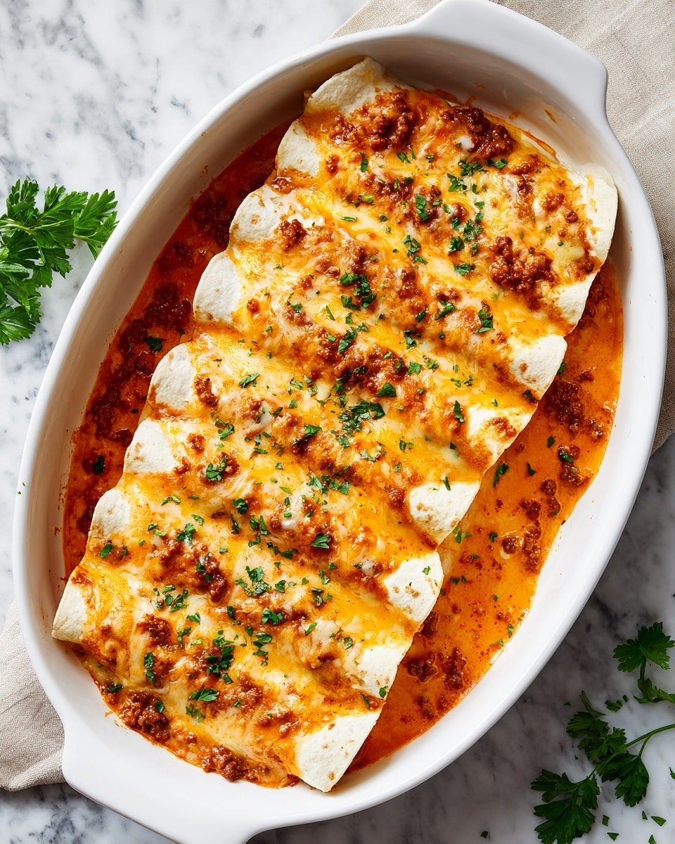 A white oval baking dish filled with six rolled enchiladas placed side by side, each covered with a thick bright orange melted cheese layer mixed with bits of browned ground meat scattered on top, and sprinkled with small green chopped herbs. The visible edges of the tortillas underneath appear soft and creamy white, while a reddish-orange sauce seeps around the bottom edges of the enchiladas. The dish sits on a white marbled surface with some green parsley leaves placed nearby. The photo taken with an iphone --ar 4:5 --v 7 — Easy Eggs Benedict Casserole, brunch casserole, baked eggs Benedict, brunch breakfast ideas, easy egg casserole