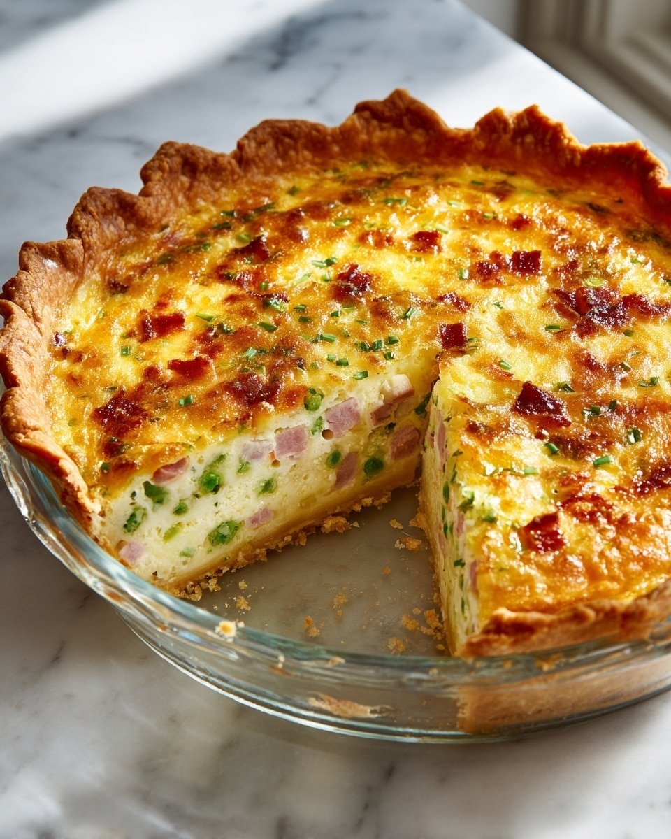 A round clear glass pie dish holds a savory quiche with a thick, crispy light brown crust. The quiche has three visible layers: the bottom layer is light and fluffy, filled with small green vegetable pieces mixed in a pale cream base; the middle layer has diced pink ham and green herbs embedded in a creamy yellow egg mixture; the top layer is golden yellow, bubbly and slightly browned with melted cheese, scattered with bits of browned ham and red tomato. One slice is missing, revealing the inside layers clearly. The dish sits on a white marbled surface with soft natural light shining from the side. photo taken with an iphone --ar 4:5 --v 7 — Breakfast Enchiladas, breakfast enchiladas recipe, cheesy breakfast enchiladas, breakfast casserole with hash browns, savory morning enchiladas