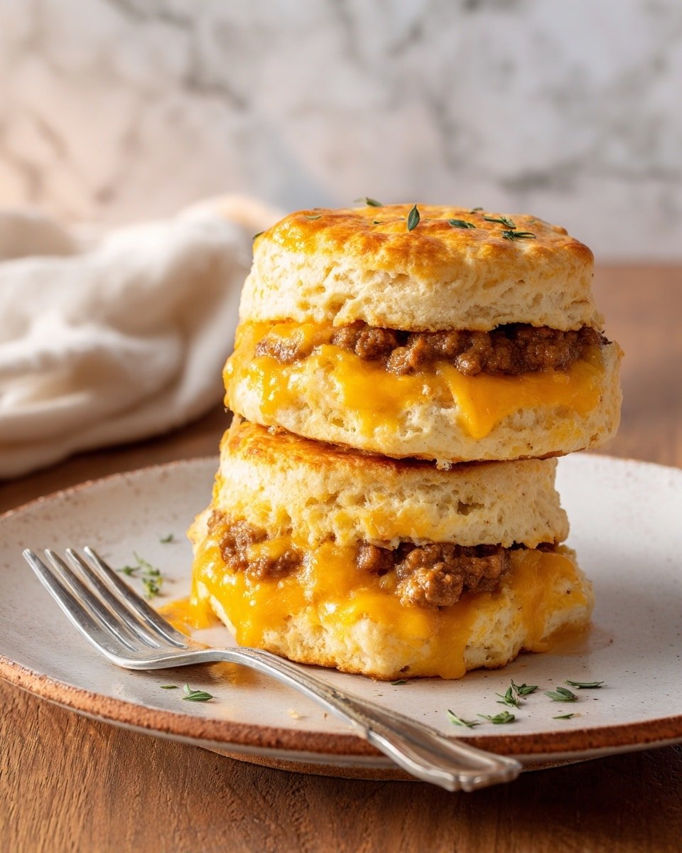 The image shows two stacked breakfast sandwiches on a white plate with a rustic brown edge, placed on a wooden table. Each sandwich has three visible layers: the bottom and top layers are light golden biscuit bread with a soft, fluffy texture, and the middle layer is filled with brown sausage pieces mixed with melted orange cheddar cheese that oozes slightly around the edges. The top biscuit layer is browned and bubbly, with tiny green herbs sprinkled over it for color. A silver fork rests on the plate beside the sandwiches, and the background features a blurred white marbled texture with soft lighting. photo taken with an iphone --ar 4:5 --v 7 — Hash Brown Crust Quiche with Ham and Sharp Cheddar, savory breakfast quiche, ham and cheddar quiche, crispy hash brown crust, brunch-friendly breakfast dish