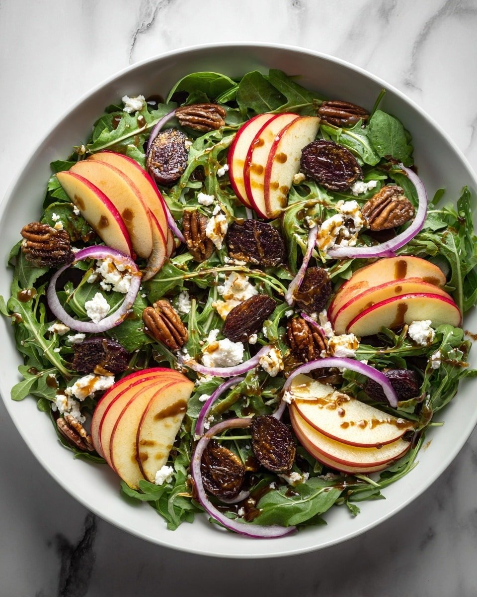 A large white bowl on a white marbled surface holds a fresh salad made of green arugula leaves forming the base layer, topped with thin, curved red and yellow apple slices arranged evenly around the bowl. Scattered above the apples are whole dark brown pecans and pieces of dried figs, adding rich textures. Thin strips of purple onion are spread across the salad, along with small crumbles of white cheese sprinkled on top. A glossy, dark brown dressing is drizzled lightly over the whole salad, giving a shiny finish. Photo taken with an iphone --ar 4:5 --v 7 — Sausage Cheese Butter Swim Biscuits, cheesy sausage biscuits, flaky breakfast biscuits, savory breakfast recipes, easy biscuit recipes