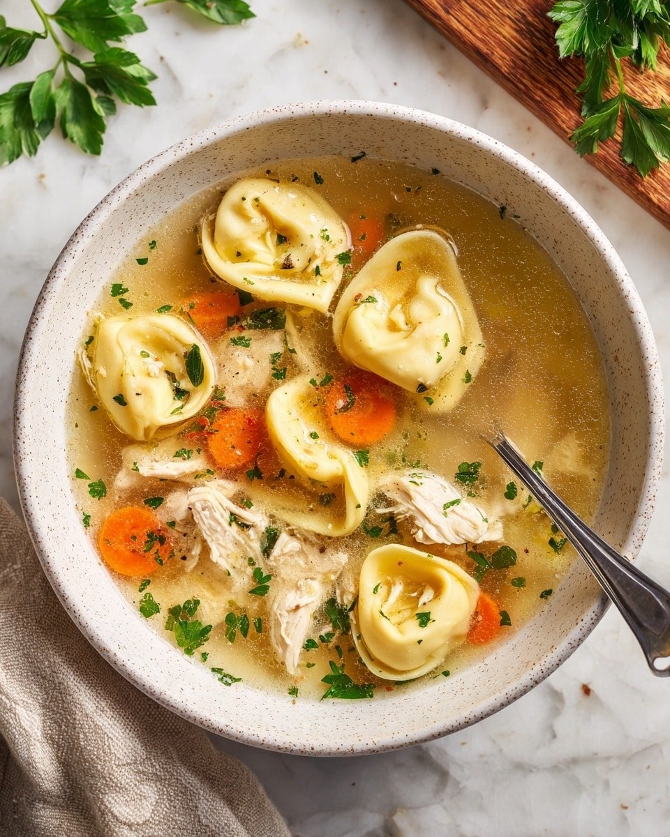 A bowl filled with light orange creamy soup is shown, containing shredded chicken pieces, red tomato chunks, light yellow beans, and green pepper slices mixed throughout. On top, there is a dollop of white sour cream, two bright green sliced jalapeños, and fresh chopped green herbs sprinkled all over. A thin, light green lime wedge rests inside the bowl on the upper left side. The bowl is white, and it sits on a white marbled surface photo taken with an iphone --ar 4:5 --v 7 — Chicken Tortellini Soup, easy chicken tortellini soup, creamy tortellini soup recipe, hearty chicken tortellini broth, quick tortellini soup