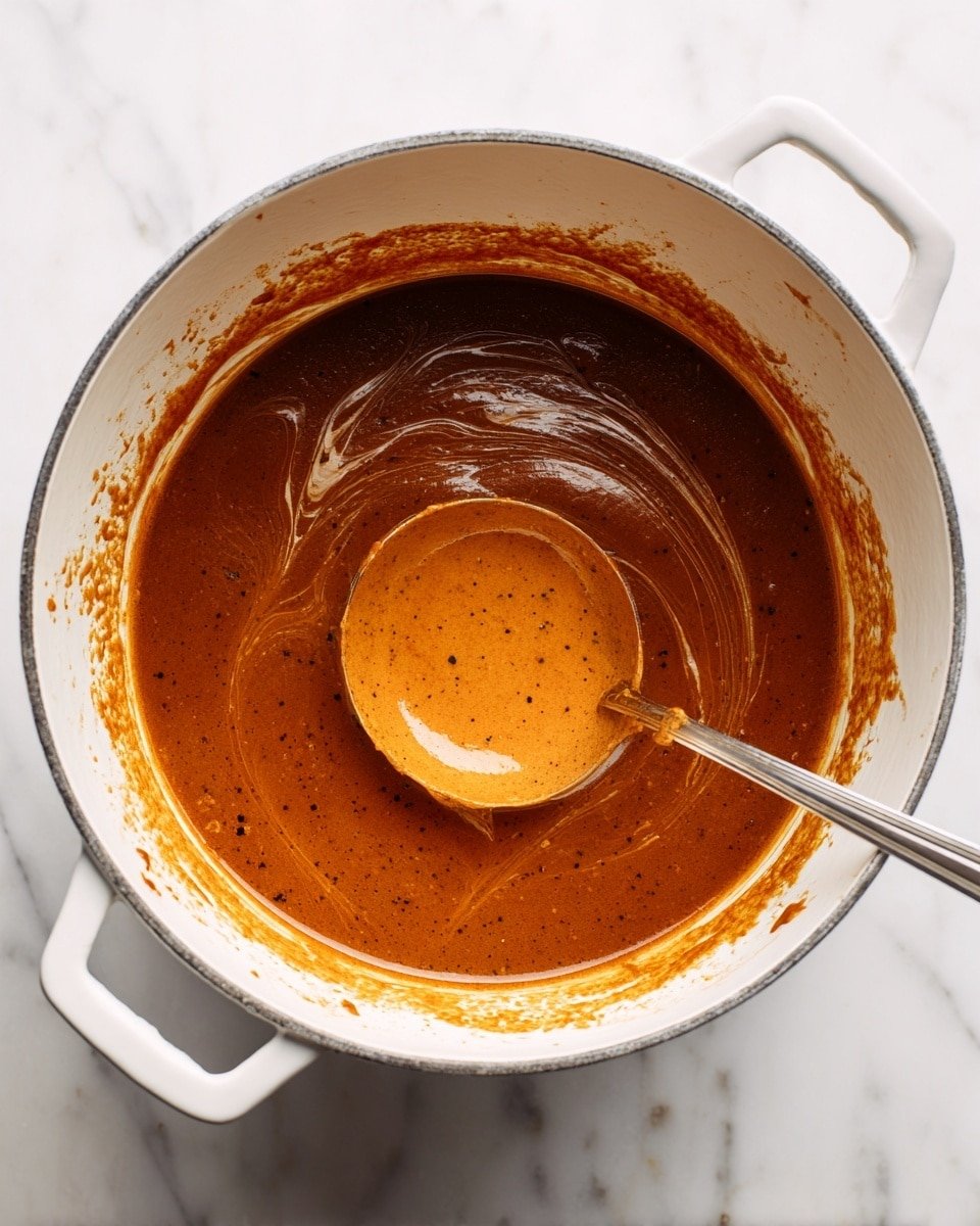 A brown bowl filled with thick brown stew that has visible chunks of tender meat and small pieces of orange carrots. On top of the stew, there are two toasted slices of bread, each covered with melted pale yellow cheese that looks creamy and slightly browned at the edges. Small green herb leaves are sprinkled on the cheese, and the stew looks glossy and rich around the bread. The scene is set on a white marbled surface. photo taken with an iphone --ar 4:5 --v 7 — Spicy Chorizo Pumpkin Soup, spicy pumpkin soup with chorizo, comforting fall pumpkin soup, smoky chorizo soup recipe, easy spicy pumpkin chili