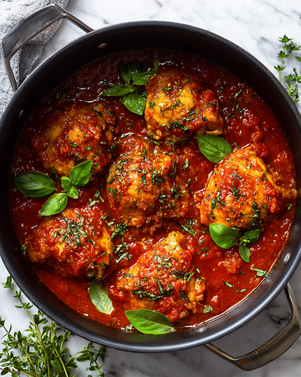A black pot filled with five pieces of cooked chicken, each soaked in a thick, rich red tomato sauce with chunks of soft onions and tomatoes. Bright green basil leaves are scattered on top, adding color contrast and freshness. The sauce has a glossy texture, with herbs sprinkled evenly over the dish. The pot sits on a white marbled surface with some green herbs around it. photo taken with an iphone --ar 4:5 --v 7 — Keto Chicken Cacciatore, keto Italian chicken, low-carb chicken dinner, keto-friendly hunter style chicken, easy keto chicken recipes