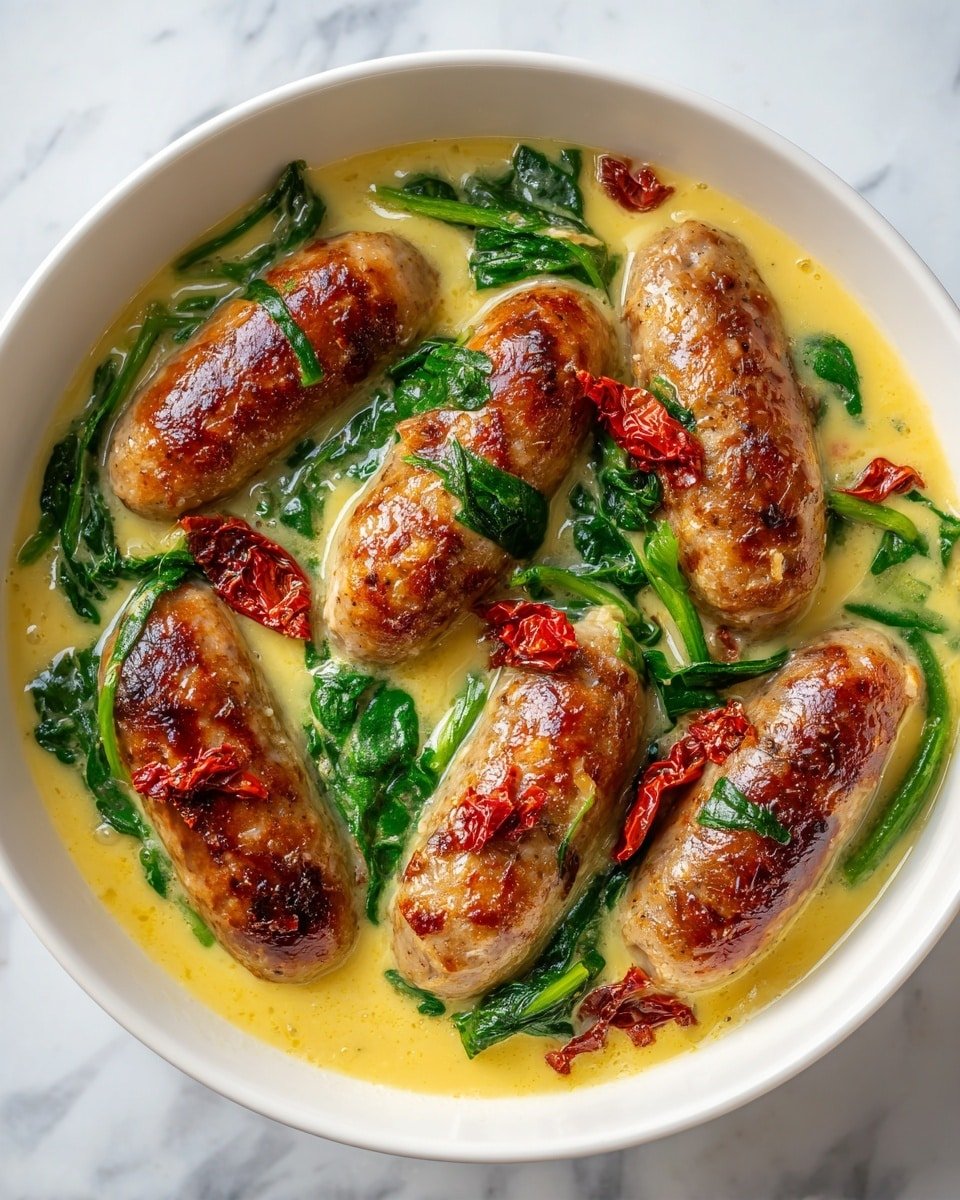 Keto Creamy Tuscan Sausage Recipe - Recipe Image — Keto Creamy Tuscan Sausage, low-carb Tuscan sausage dish, creamy Italian sausage dinner, keto-friendly sausage recipe, savory Tuscan sausage skillet