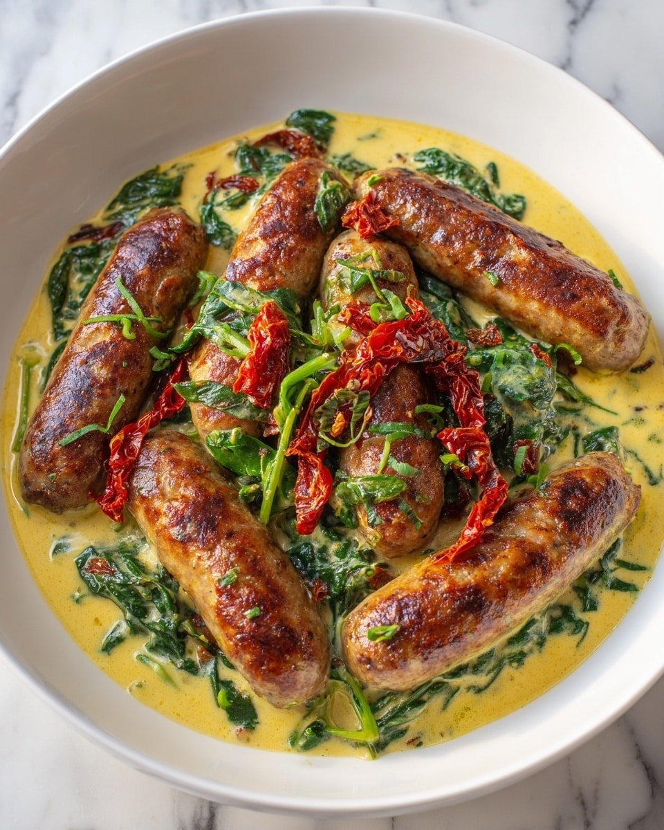 A white bowl filled with seven browned sausages sitting in a creamy yellow sauce with visible green spinach leaves mixed throughout. Some of the sausages have small pieces of red sun-dried tomatoes on top, and the sauce has a smooth, slightly oily texture. The dish rests on a white marbled surface. photo taken with an iphone --ar 4:5 --v 7 — Keto Creamy Tuscan Sausage, low-carb Tuscan sausage dish, creamy Italian sausage dinner, keto-friendly sausage recipe, savory Tuscan sausage skillet