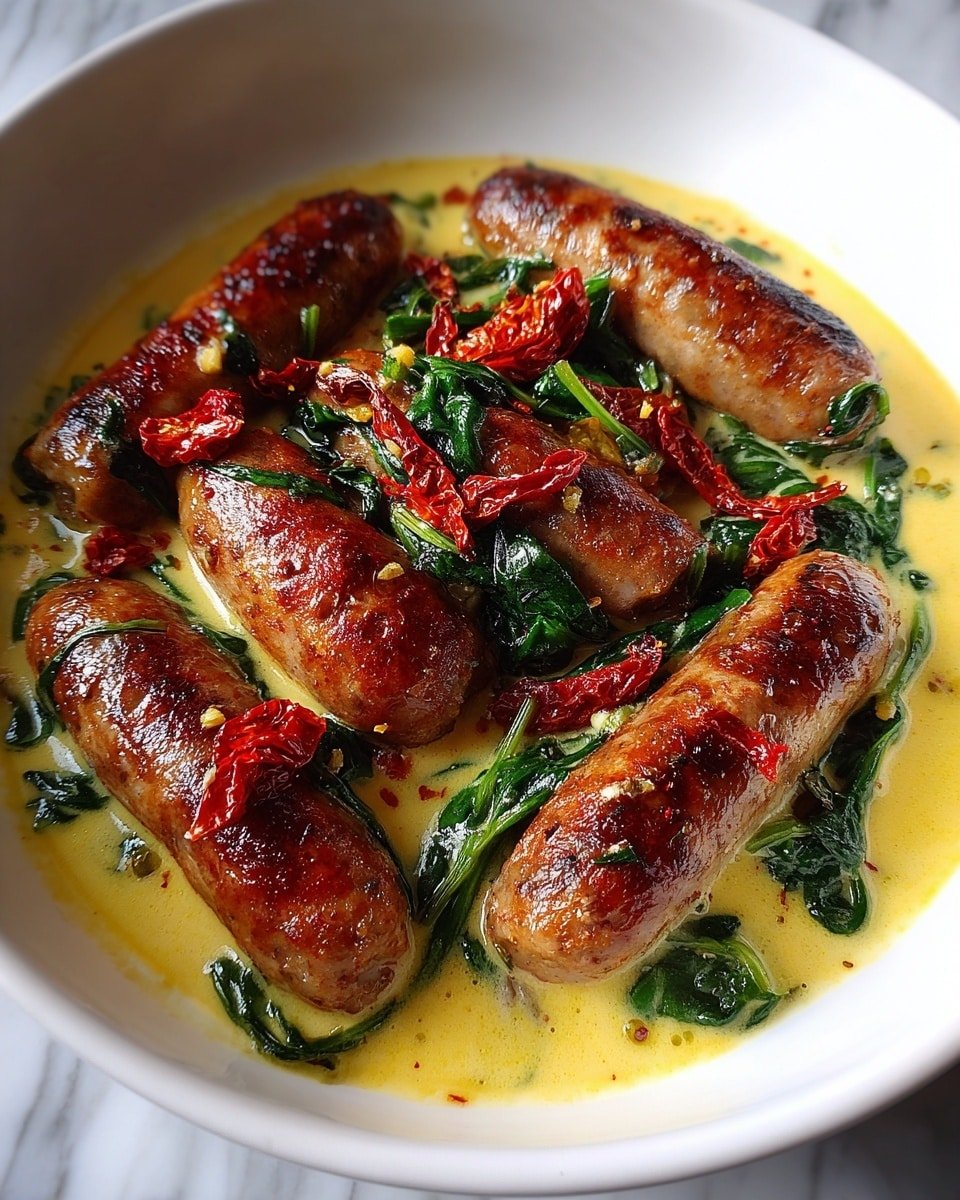 Keto Creamy Tuscan Sausage Recipe - Recipe Image — Keto Creamy Tuscan Sausage, low-carb Tuscan sausage dish, creamy Italian sausage dinner, keto-friendly sausage recipe, savory Tuscan sausage skillet