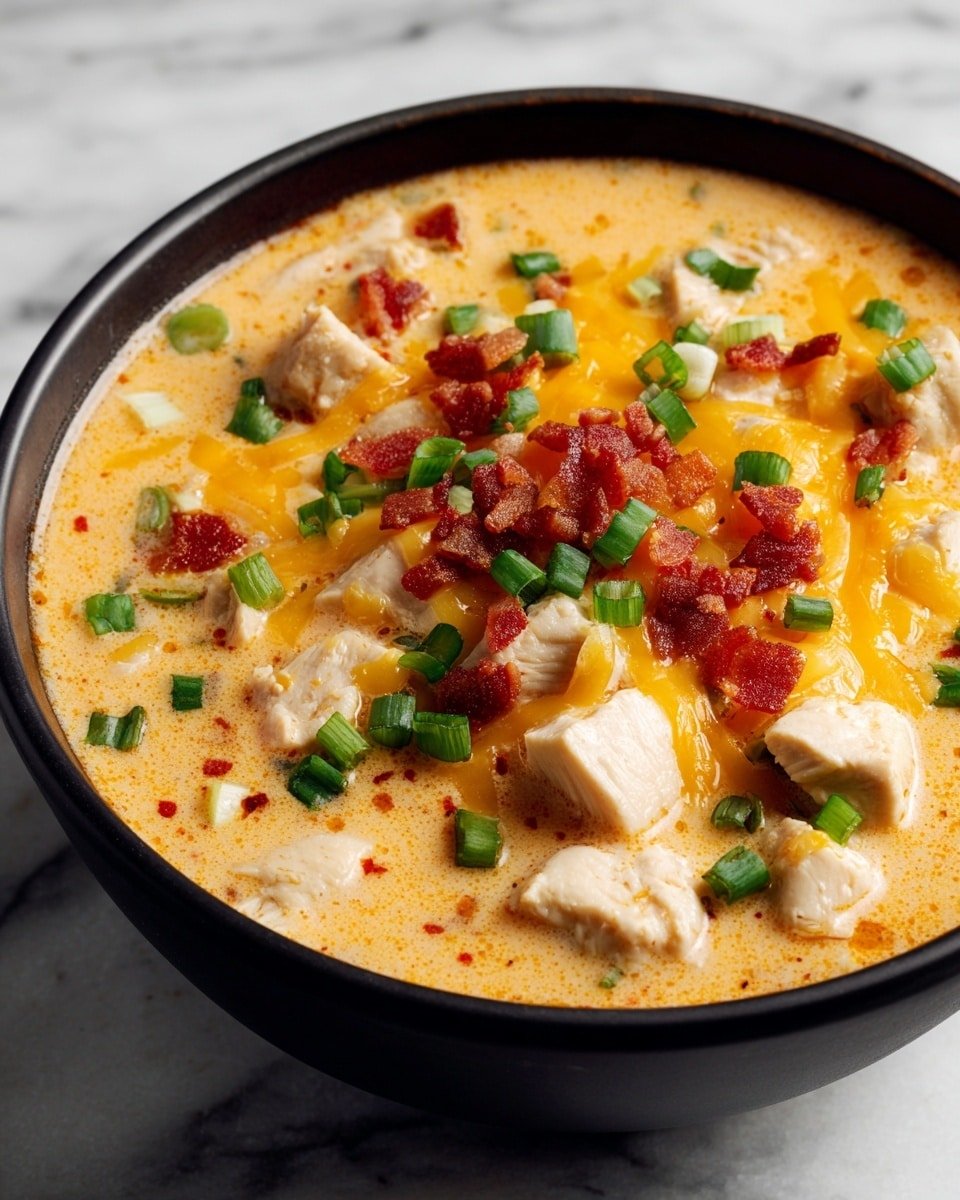 A black bowl filled with a creamy, light orange soup as the base layer, with chunky white chicken pieces distributed evenly throughout the soup. On top, a layer of melted bright yellow cheddar cheese covers part of the surface, with small, crispy red bacon bits scattered over the cheese. Finally, the dish is sprinkled with fresh, chopped green onions adding a pop of green color. The bowl sits on a white marbled surface. Photo taken with an iphone --ar 4:5 --v 7 — Keto Crack Chicken, keto chicken dinner, creamy keto chicken recipe, low-carb chicken with bacon, keto comfort food