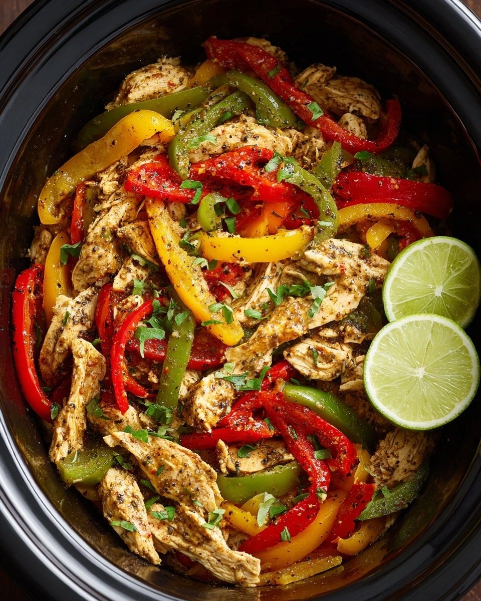 A round black slow cooker is filled with a colorful mix of cooked thinly sliced white chicken strips and three colors of cooked bell pepper slices—red, yellow, and green—mixed evenly together. The chicken and pepper pieces are seasoned with visible dark spices and garnished with small green herb leaves sprinkled on top. Two lime halves, bright green and juicy, rest on one side inside the cooker. The whole dish looks fresh with a mix of warm tones and vibrant greens. photo taken with an iphone --ar 4:5 --v 7 — Keto Chicken Fajitas, keto fajitas recipe, low-carb chicken fajitas, keto-friendly fajitas, easy keto fajitas