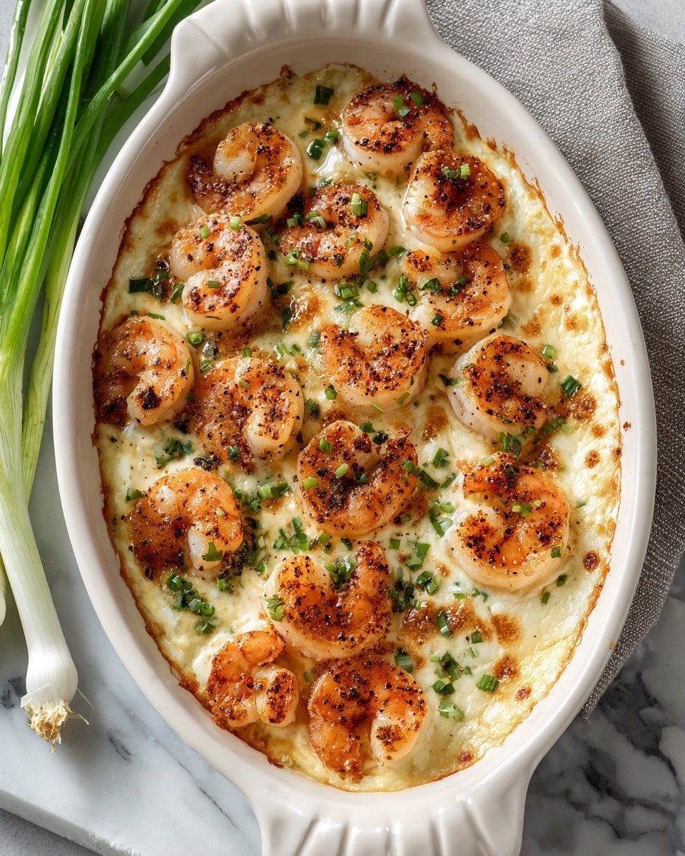 A white ceramic oval baking dish filled with a creamy, slightly browned cheese and cream base as the bottom layer, topped with evenly spaced cooked shrimp that are pink with light grill marks and specks of black seasoning on them. There are small pieces of bright green chopped herbs scattered evenly across the shrimp and creamy layer. The dish is placed on a white marbled surface with a slight blurred background showing green onion stalks and a gray cloth beside it. The lighting is natural, making the food look warm and fresh photo taken with an iphone --ar 4:5 --v 7 — Keto Shrimp and Cauliflower Grits Casserole, low-carb shrimp casserole, keto cauliflower grits, cheesy shrimp casserole, healthy shrimp and cauliflower dish