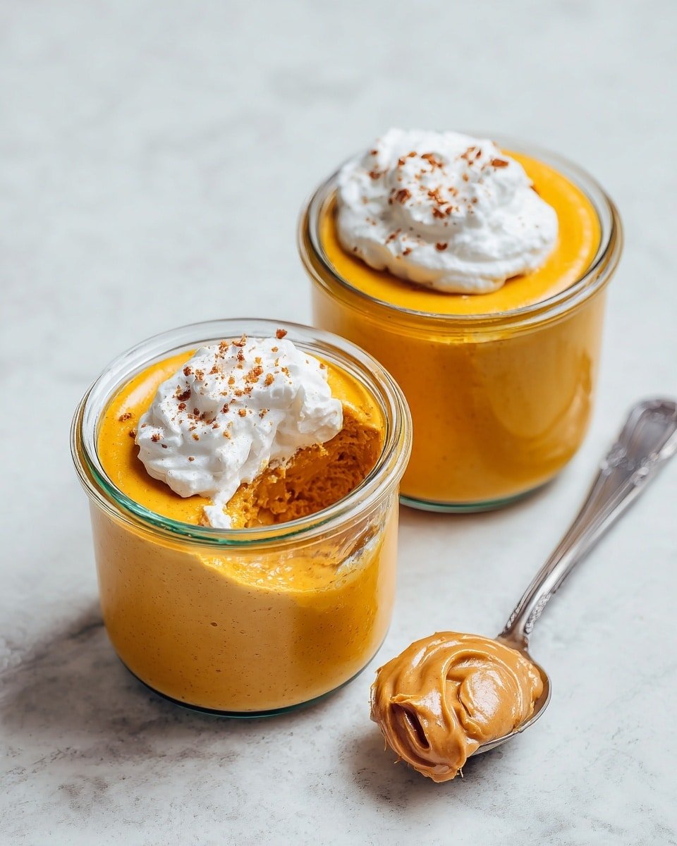 The image shows two clear glass jars filled with a smooth orange pumpkin custard. Each jar has a thick dollop of white whipped cream on top, sprinkled with small brown spice flecks. One jar is closer to the camera, with a scoop missing on one side where a spoon has taken some custard. To the right side of the jars, there is a metal spoon holding a generous scoop of creamy light brown peanut butter. The jars and spoon sit on a white marbled textured surface. Photo taken with an iphone --ar 4:5 --v 7 — Pumpkin Pot de Crème with Maple Whipped Cream, pumpkin custard recipe, cozy fall desserts, easy pumpkin desserts, rich pumpkin pudding