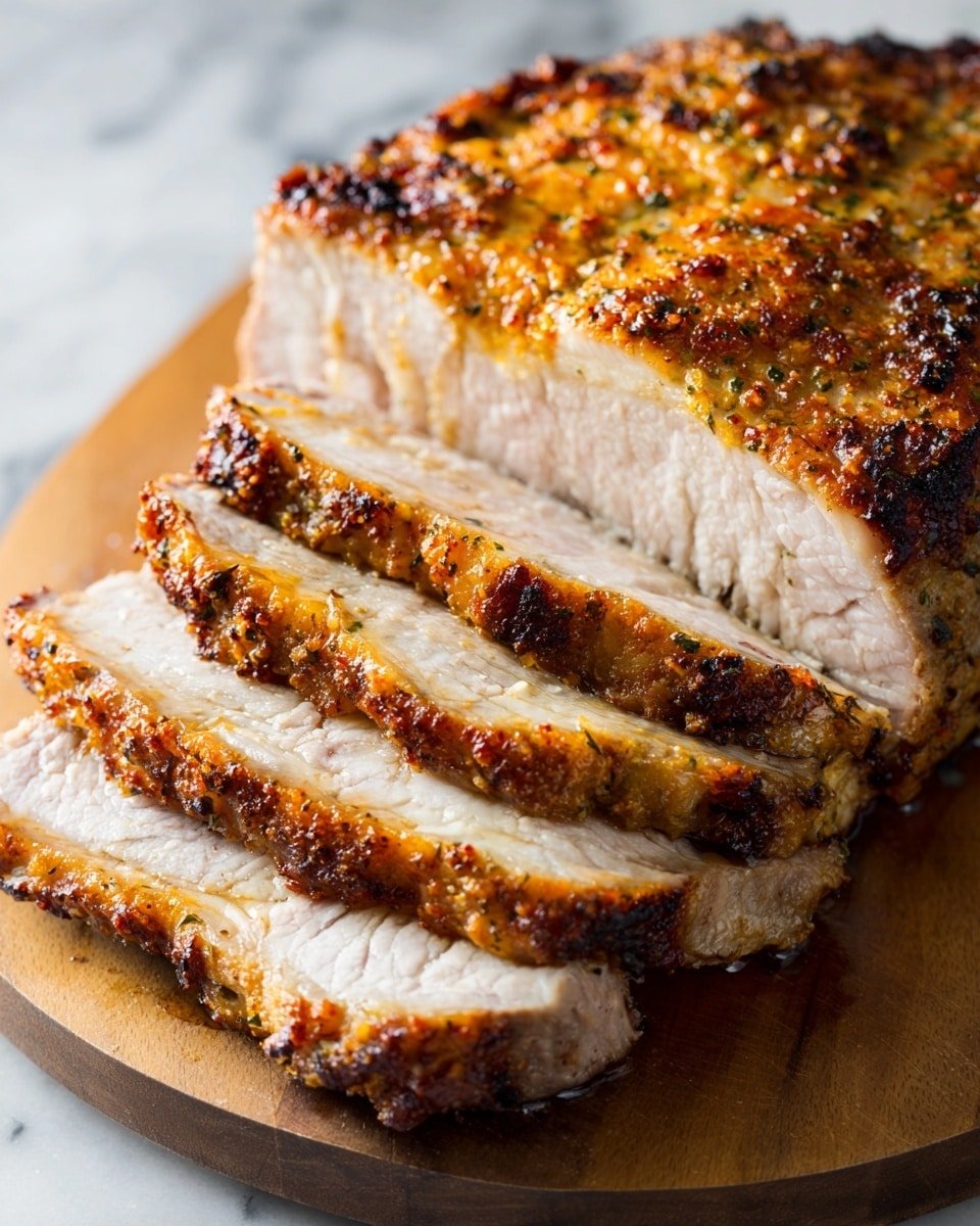 A sliced pork roast is shown on a wooden board placed over a white marbled surface. The pork has a crispy, golden-brown top layer with a textured, slightly charred appearance. Below this, the meat is tender and juicy with visible layers of fat and lean meat alternating, showing a mix of light pink and white tones. The slices are thick and evenly cut, arranged side by side on the board. Photo taken with an iphone --ar 4:5 --v 7 — Wisconsin Apple Kringle, Apple Kringle recipe, Danish pastry Wisconsin, homemade apple pastry, fall apple dessert