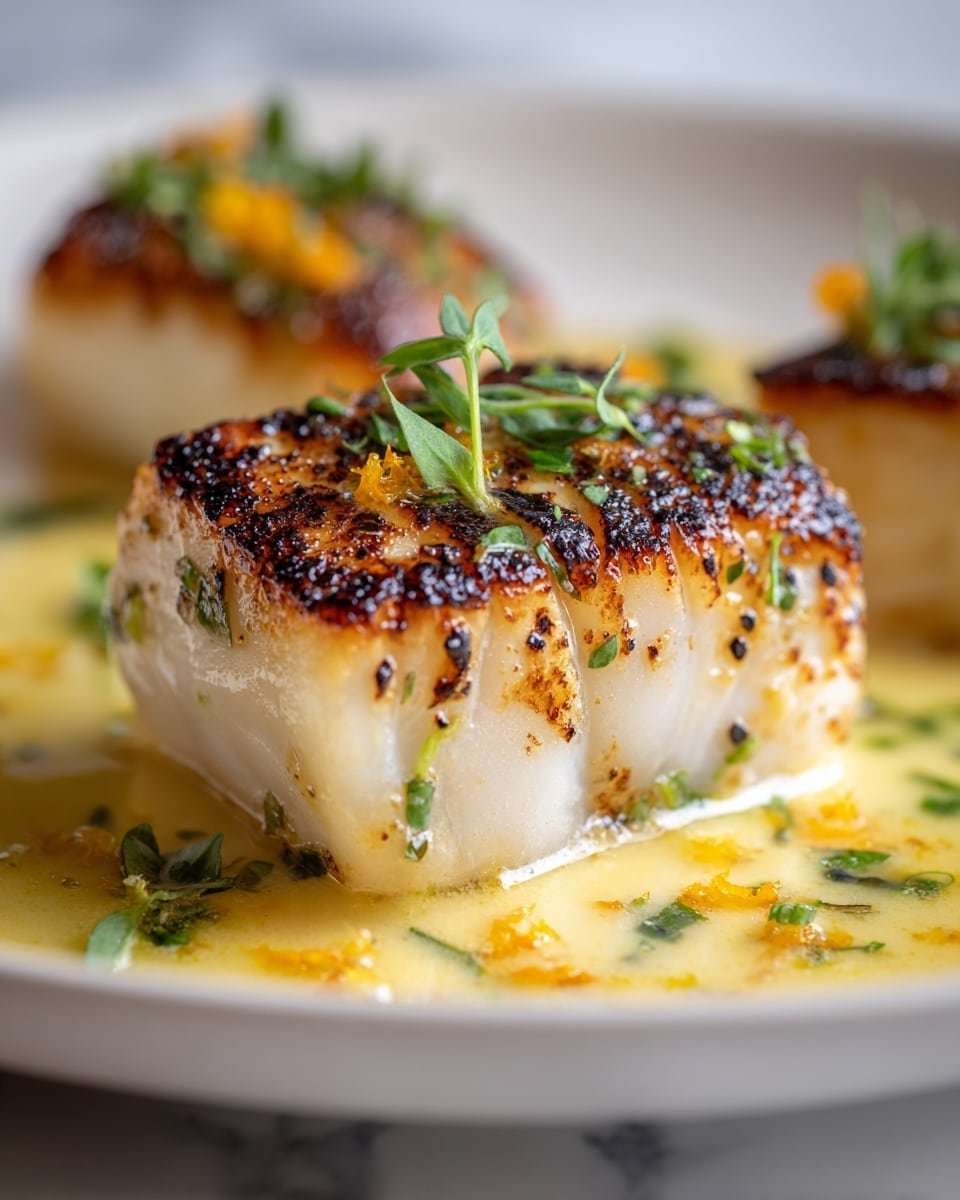 A close-up of a piece of fish with a golden-brown grilled top layer with small black char marks, fresh green herb leaves sprinkled on top, thick white flesh underneath, sitting in a creamy yellow sauce with small pieces of orange zest and green herbs around it on a white plate, with two more pieces of fish blurred in the background on a white marbled surface, photo taken with an iphone --ar 4:5 --v 7 — Baked Cod Coconut Lemon, Coconut Lemon Cod, Healthy Baked Fish, Easy Seafood Dinner, Creamy Lemon Fish