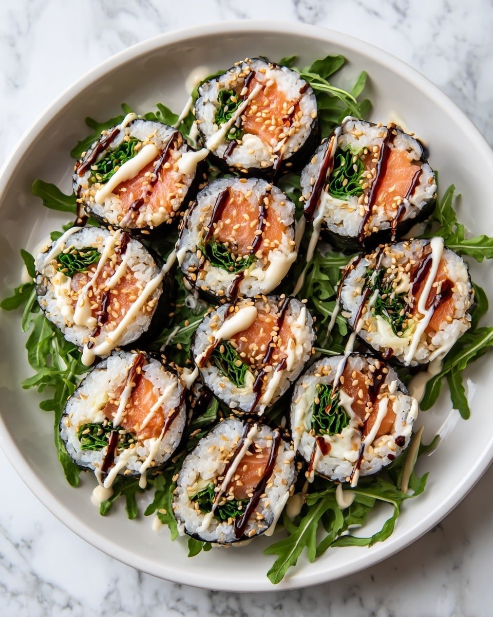 The image shows a plate of sushi rolls neatly arranged on a bed of fresh green arugula leaves. Each sushi roll has a dark seaweed outer layer, a thick white rice layer inside, and a pinkish-orange fish slice with bright green leafy vegetable in the center. The rolls are drizzled with creamy white sauce and a dark brown shiny glaze, sprinkled with small toasted sesame seeds. The plate is white and round, placed on a white marbled surface. Photo taken with an iphone --ar 4:5 --v 7 — Irresistibly Easy Italian Sushi Rolls, Italian sushi finger food, no-cook Italian appetizer, easy Italian roll-ups, quick Italian party snacks