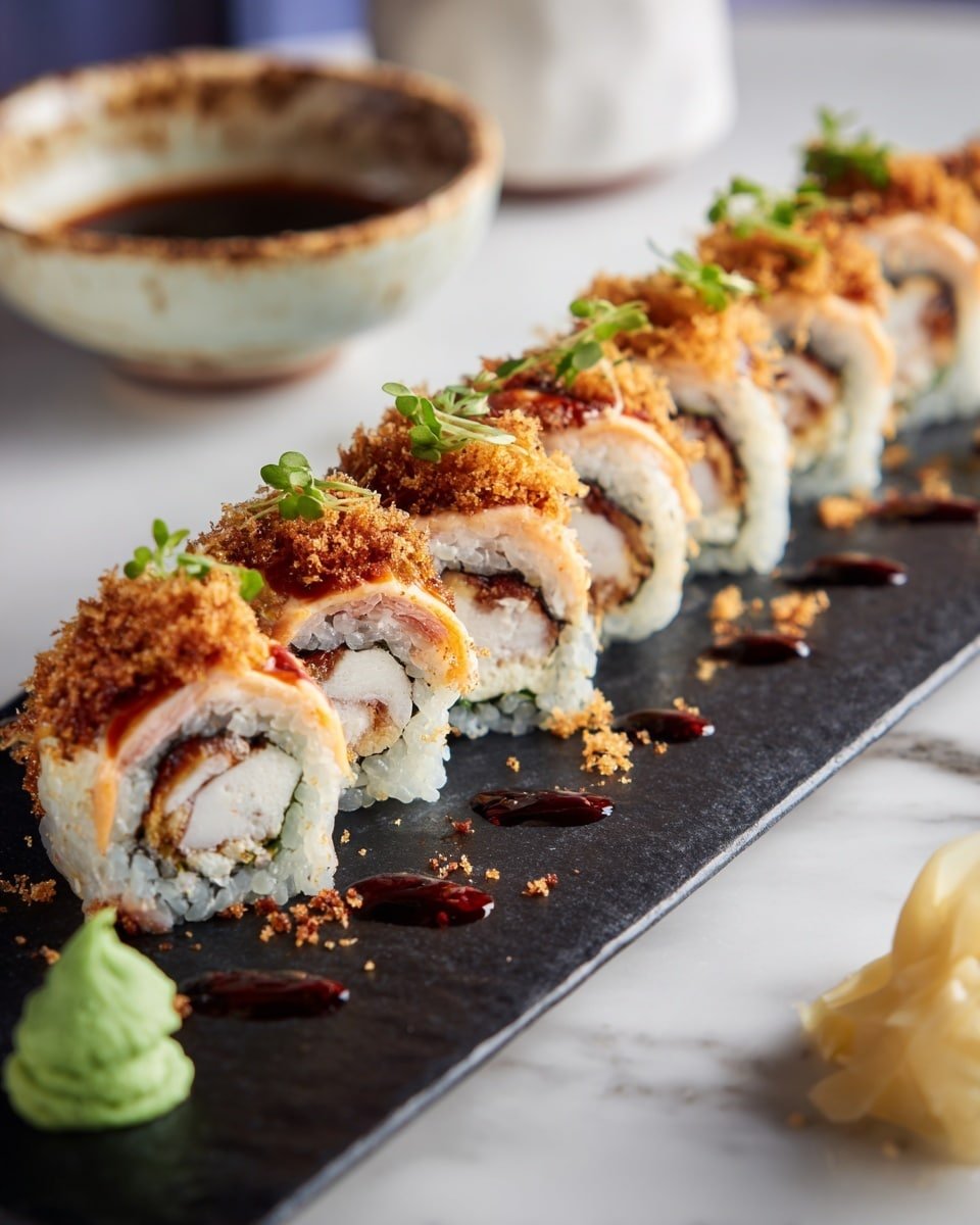 A row of eight sushi rolls is placed on a long, black slate plate over a white marbled surface. Each roll has a thick outer layer of white rice, sprinkled generously with golden brown crispy crumbs that add texture. Inside the rolls, creamy white and light brown fillings are visible in layers, wrapped with a thin dark seaweed layer. The rolls are decorated with thin streaks of light orange mayo sauce and small drops of dark soy or eel sauce on top and the plate. Tiny green herb sprigs sit on some rolls, adding a fresh touch. On the left side of the plate, there is a small mound of bright green wasabi and a bit of pale yellow pickled ginger. In the background to the right, there is a small, rustic, white bowl with a brown sauce inside. The whole scene is softly lit, creating a warm and inviting feel. Photo taken with an iphone --ar 4:5 --v 7 — Homemade California Crunch Roll Sushi, California Crunch Roll sushi, sushi roll recipe, crunchy sushi roll, easy sushi for beginners