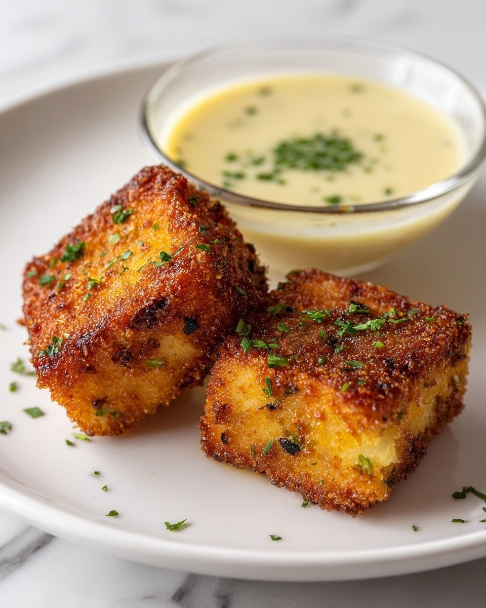 Two golden brown, crispy squares with a crunchy texture and small bits of black inside sit side by side on a white plate. The squares have a crunchy outer layer and a creamy, pale filling visible at the bottom edges. They are sprinkled with small green herb pieces. Behind them, a clear glass bowl holds a smooth, light creamy sauce, also topped with tiny green herbs. The plate rests on a white marbled surface. Photo taken with an iphone --ar 4:5 --v 7 — Vegan Cordon Bleu, plant-based cordon bleu, vegan chicken cordon bleu, vegan cheese cordon bleu, vegetarian cordon bleu