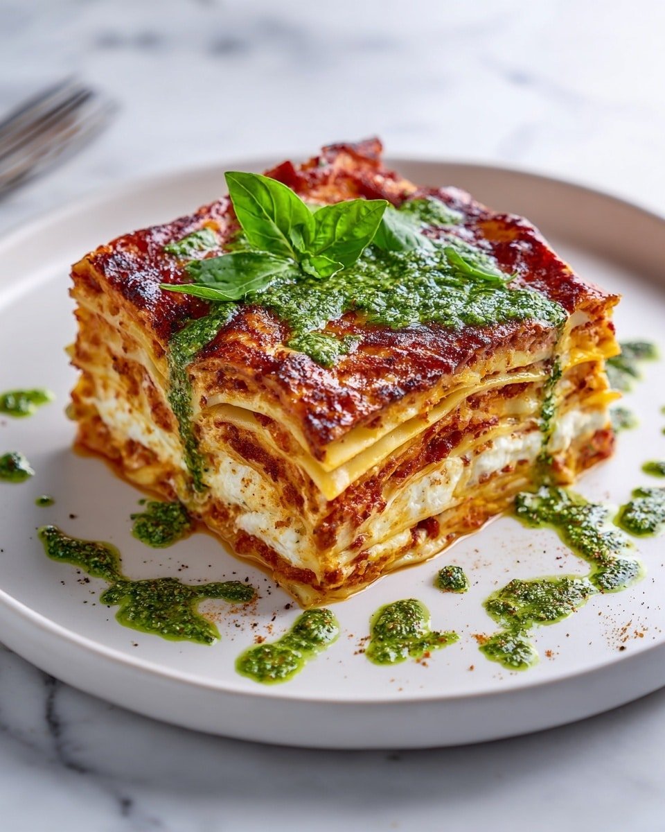 The image shows a square piece of lasagna on a white plate with four thick layers. The layers alternate between smooth pale yellow pasta sheets and a rich reddish tomato sauce mixed with a creamy white cheese layer. The top layer is golden brown with a slightly crispy texture, covered by a generous spoonful of green pesto sauce and fresh green basil leaves. Around the lasagna on the plate are loose drizzles of pesto, and steam rises from the hot dish. The plate sits on a white marbled textured surface. Photo taken with an iphone --ar 4:5 --v 7 — Vegan Mushroom Bolognese Lasagna with Tofu Ricotta, vegan lasagna recipe, plant-based mushroom lasagna, dairy-free vegan lasagna, hearty vegan lasagna dinner