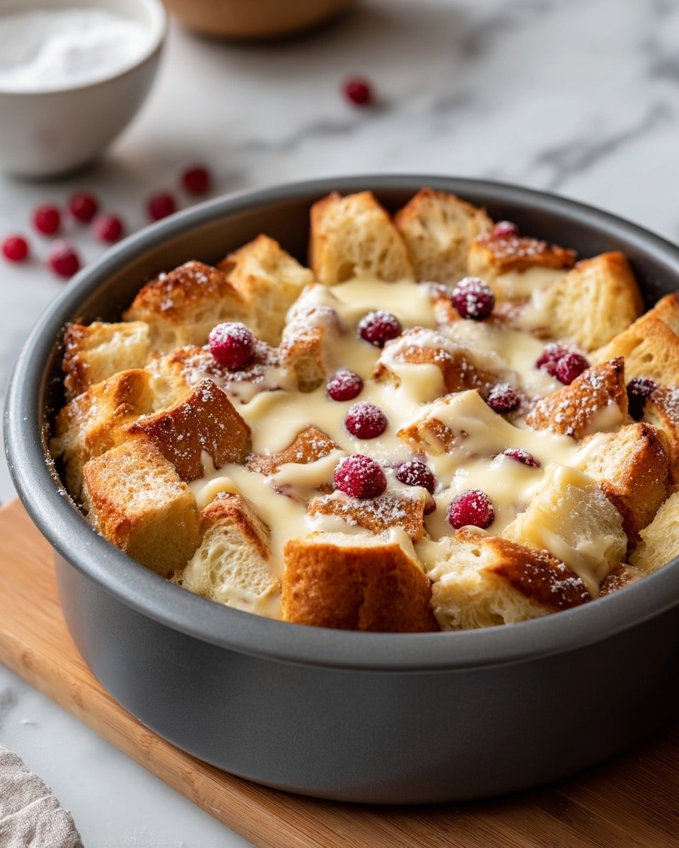 A round cake with a golden brown top layer sits inside a dark grey baking pan on a wooden surface. The cake is made of thick chunks of soft, light tan bread that are arranged in a circular shape. Creamy, light beige sauce fills the spaces between the bread pieces and flows gently over the sides. Small round red berries are scattered on top, adding bright color contrast. A light dusting of white powder is sprinkled over the bread, giving it a slightly snowy look. The background shows blurred kitchen items on a white marbled surface. Photo taken with an iphone --ar 4:5 --v 7 — Irresistible Bang Bang Salmon, quick salmon dinner, spicy sweet salmon recipe, easy weeknight seafood, flavorful salmon dish