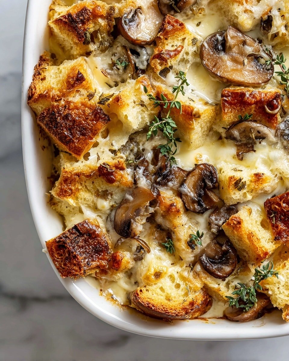 This dish shows a close-up of a baked casserole with three main layers: the bottom layer is creamy sauce mixed with small cooked mushroom pieces, the middle layer features soft bread pieces toasted to golden brown with a crunchy texture, and the top layer is melted cheese with browned spots and small fresh green herb sprigs scattered over it. The casserole has a rich mix of light cream, golden, and dark brown colors, with fresh sage and thyme leaves adding a fresh green contrast. The background is a white marbled texture. photo taken with an iphone --ar 4:5 --v 7 — Winter Vegetable Kale and Butternut Squash Quiche, hearty winter vegetable quiche, healthy brunch ideas with kale and squash, cozy fall and winter quiche recipes, savory vegetable breakfast dish