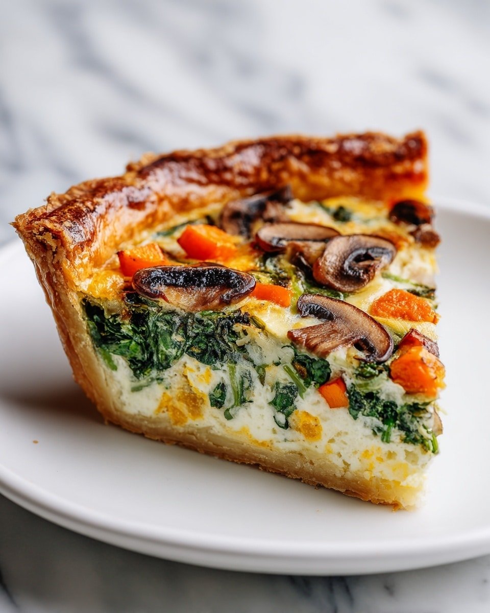 A single slice of savory quiche sits on a white plate with a golden brown crust that is thick and slightly flaky, forming a tall edge around the pie. The filling inside has three clear layers: the bottom layer is pale and creamy, with small yellow and orange chunks; the middle layer is filled with bright green leafy vegetables mixed throughout; and the top layer has slices of browned mushrooms and roasted orange vegetable pieces scattered evenly. All layers blend together with a soft, slightly textured surface. The background shows a white marbled texture. Photo taken with an iphone --ar 4:5 --v 7 — Savory Mushroom and Gruyère Bread Pudding, mushroom bread pudding, cheesy savory bread pudding, easy mushroom brunch dish, hearty vegetarian bread pudding