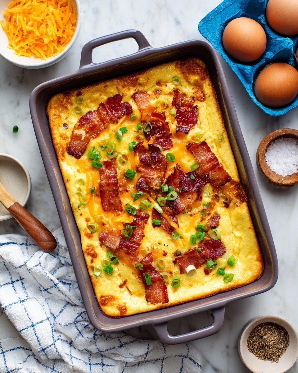 A rectangular dark gray baking dish filled with a baked egg casserole that has a smooth, light yellow base layer. On top of the eggs, there are scattered pieces of crispy, reddish-brown bacon arranged unevenly, and thin slices of green onions sprinkled across the surface. The edges of the casserole show slight browning, and there’s some shredded orange cheese lightly melted into the eggs below the bacon. The dish is placed on a white marbled surface alongside a white bowl with shredded cheese, a blue egg carton holding brown eggs, and a small white bowl with ground pepper and salt. A white cloth with a blue grid pattern lies nearby. Photo taken with an iphone --ar 4:5 --v 7 — Keto Bacon and Egg Breakfast Casserole, low-carb breakfast casserole, keto brunch recipe, easy keto breakfast ideas, healthy bacon egg bake