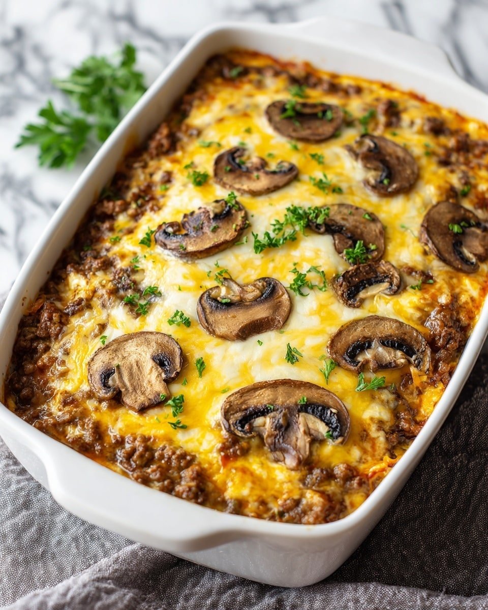 A white rectangular dish filled with a three-layer casserole. The bottom layer is browned ground meat mixed with small bits of orange vegetables, topped with a thick layer of melted yellow and white cheese. On top of the cheese are sliced brown mushrooms spread out evenly, garnished with small green parsley leaves. The dish sits on a white marbled surface with a gray cloth on the side. Photo taken with an iphone --ar 4:5 --v 7 — Keto Beef and Mushroom Casserole, low-carb beef casserole, keto mushroom recipes, healthy beef mushroom bake, keto comfort food