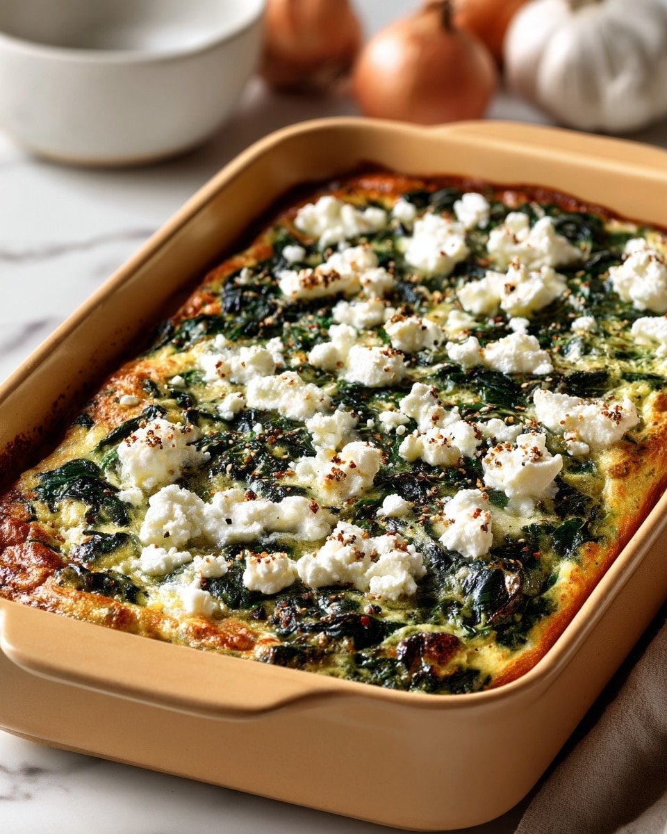 A rectangular tan baking dish filled with a baked spinach and cheese casserole sits on a white marbled surface. The dish has three easy layers visible: a golden baked base at the bottom, a thick middle layer with cooked dark green spinach, and an uneven top layer sprinkled with white crumbled cheese and black pepper. The cheese looks soft and slightly creamy, scattered in small lumps across the surface. The dish has a warm, freshly baked look with slight browning along the edges, and the background shows blurry shapes of a garlic bulb and a white bowl. Photo taken with an iphone --ar 4:5 --v 7 — Keto Spinach and Feta Casserole, low-carb spinach casserole, cheesy keto casserole, healthy spinach and feta bake, keto-friendly breakfast casserole