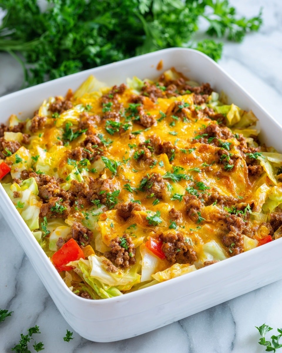 The image shows a white square baking dish filled with a two-layer casserole on a white marbled surface. The bottom layer consists of cooked light green cabbage pieces mixed with chunks of red bell pepper. Above this is a layer of browned ground meat with a rich texture. The top layer is melted yellow cheddar cheese with some browned spots, garnished with scattered chopped fresh green parsley. In the background, some parsley leaves add a touch of green color. The photo taken with an iphone --ar 4:5 --v 7 — Keto Ground Turkey and Cabbage Casserole, low-carb turkey cabbage bake, healthy keto ground turkey recipes, easy keto casseroles, comforting low-carb dinner