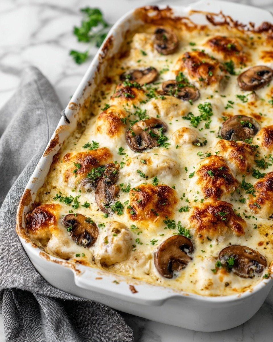 A white rectangular baking dish filled with a creamy baked dish that has two main layers. The bottom layer shows soft, creamy chicken pieces covered by the top layer of melted white cheese that is golden brown and bubbly in spots. Scattered on top and throughout are cooked mushroom slices with brown and light beige colors. The dish is garnished with green chopped parsley, adding small pops of color. The baking dish sits on a white marbled surface with a gray cloth napkin partially visible on the left side. The edges of the baking dish have some browned spots from baking photo taken with an iphone --ar 4:5 --v 7 — Keto Creamy Chicken and Mushroom Casserole, low-carb chicken and mushroom bake, keto comfort food, creamy chicken mushroom dish, keto casserole recipes