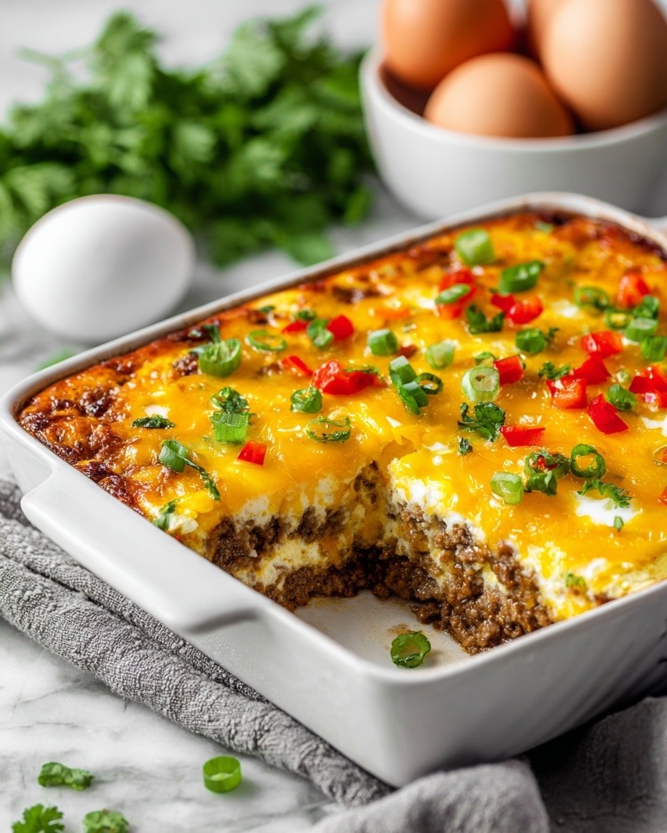 A white rectangular baking dish filled with a layered casserole. The bottom layer has browned, cooked ground meat with a crumbly texture. On top, there is a bright yellow melted cheese layer mixed with eggs visible as small pockets of yolk. Scattered over the top are chopped green onions and fresh green herbs, with pieces of red bell pepper adding bright red highlights. The edges of the casserole are golden brown and slightly crisp. The dish is placed on a gray cloth on a white marbled surface, with a white bowl of brown eggs and green leafy herbs blurred in the background. Photo taken with an iphone --ar 4:5 --v 7 — Keto Egg and Cheese Breakfast Casserole, low-carb breakfast casserole, keto savory breakfast bake, easy keto egg casserole, keto sausage breakfast dish
