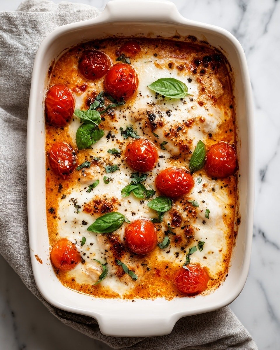 A white baking dish filled with a creamy, orange-red sauce base with visible chunks of chicken and whole roasted cherry tomatoes sitting in it. On top, there is a thick layer of melted white cheese, browned slightly in spots, with black pepper and green basil leaves scattered over. The edges of the sauce are bubbling and slightly browned. The dish is set on a white marbled surface with a soft gray cloth next to it. photo taken with an iphone --ar 4:5 --v 7 — Keto Creamy Tomato and Chicken Casserole, low carb chicken casserole, keto chicken dinner, creamy tomato chicken bake, healthy keto casserole